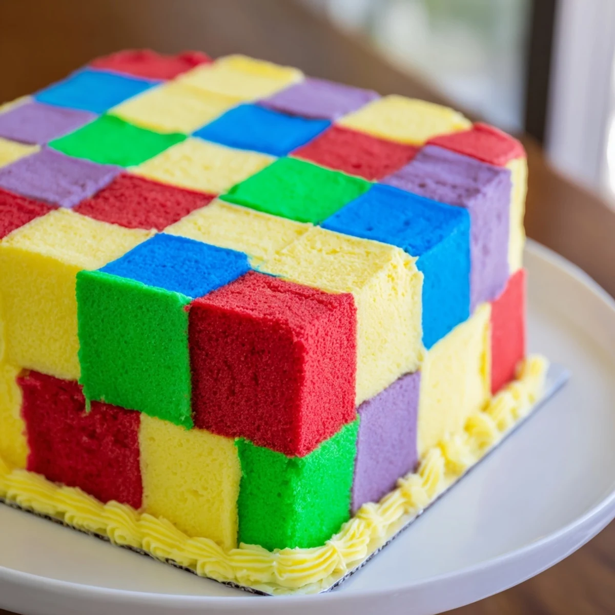 Served slices of Cozy Quilt Patchwork Cake showcase the colorful patterns, perfect for dessert with friends.
