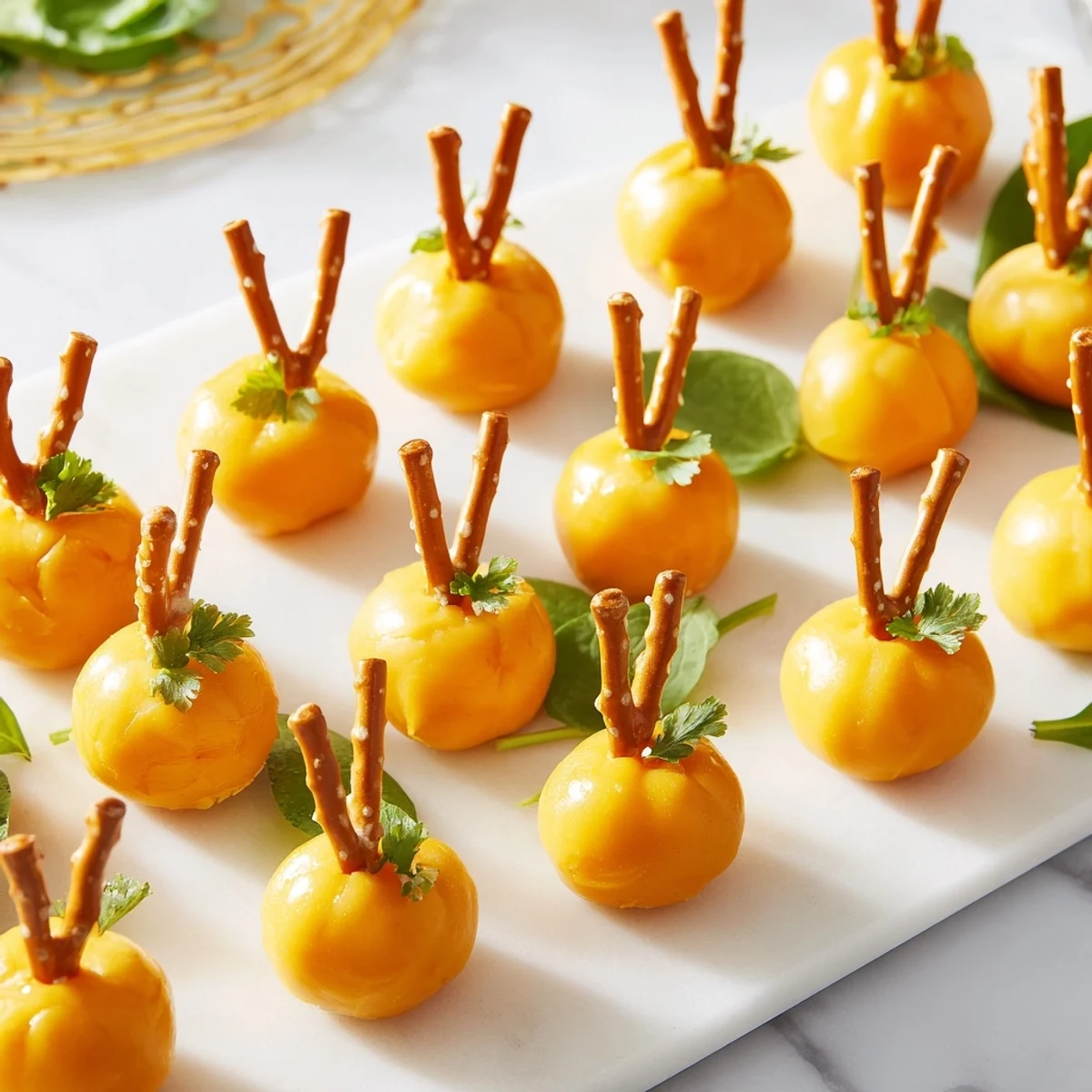 Bright orange The Pumpkin Patch Grid appetizer, arranged neatly on a bed of fresh green spinach.