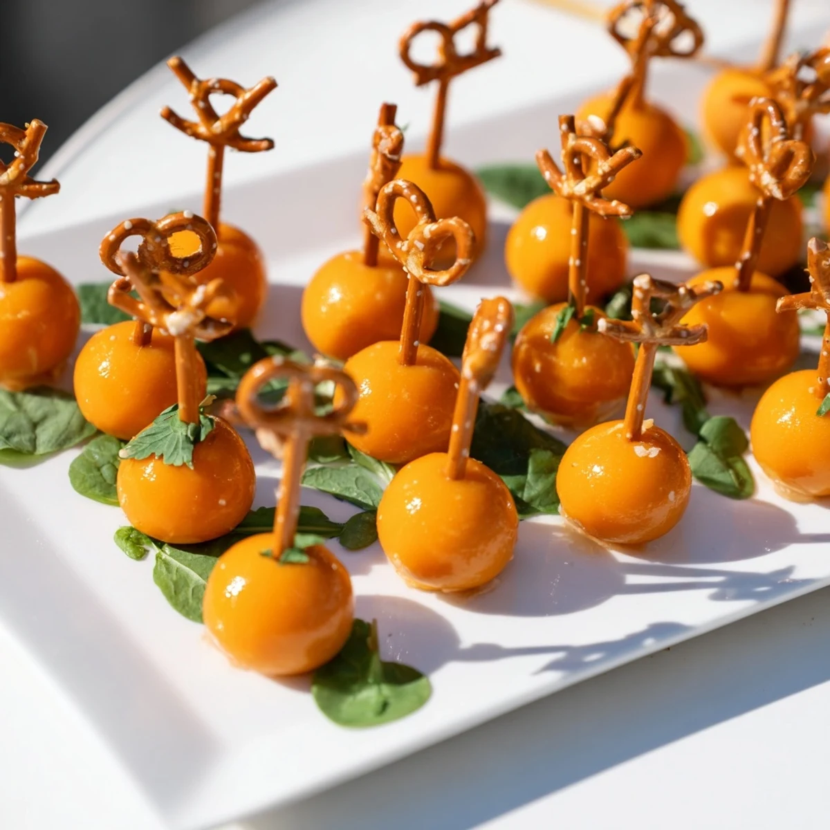 A festive The Pumpkin Patch Grid platter, with tiny pretzel stems rising from orange cheese "pumpkins".