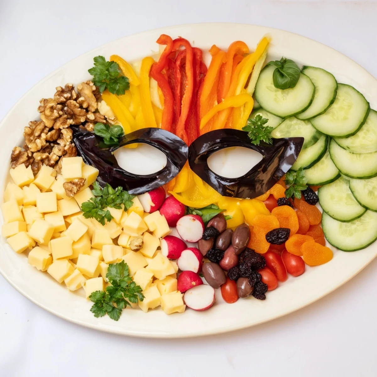 A vibrant Masquerade Mask appetizer platter with colorful fruits and cheese offers a festive presentation.
