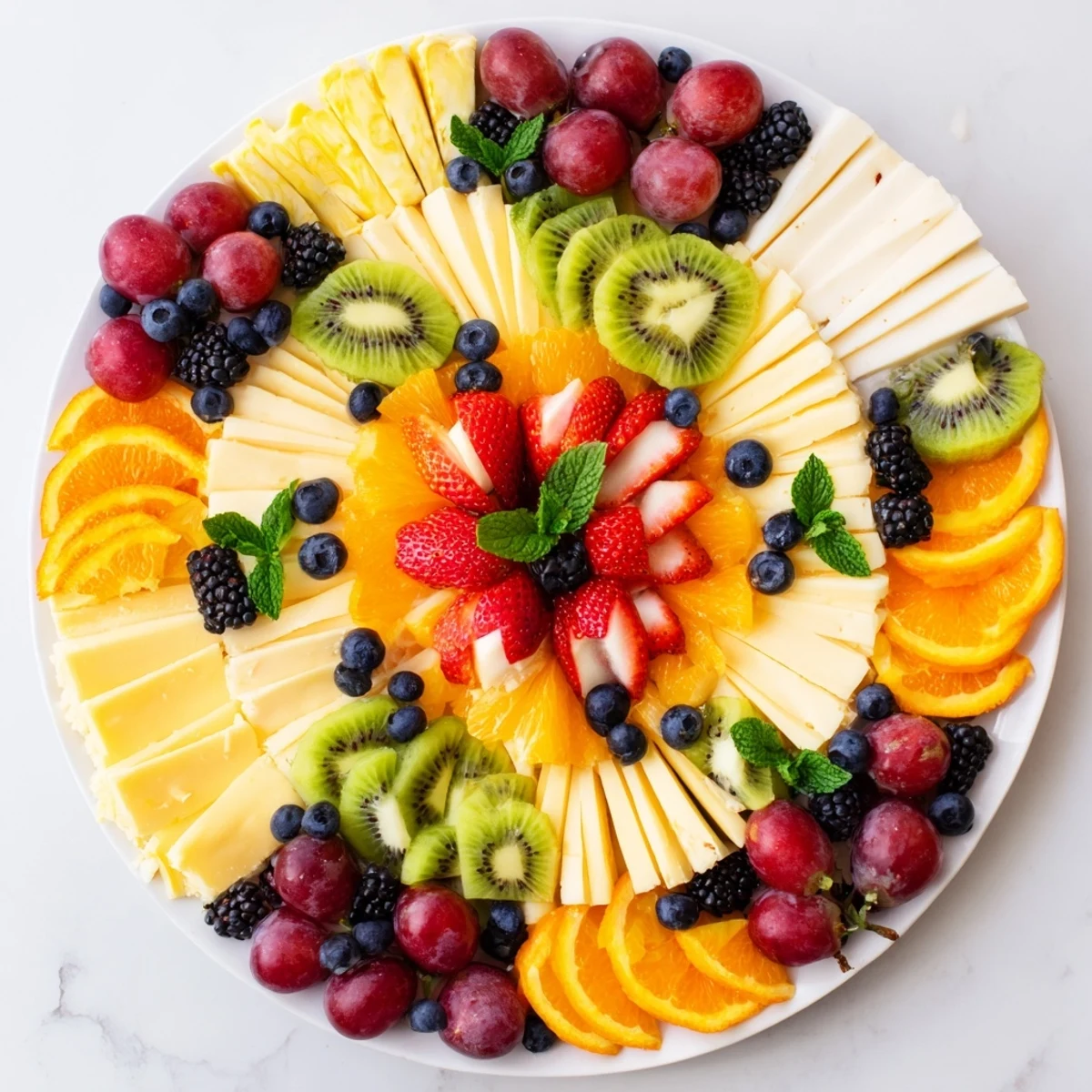 Vivid The Kaleidoscope Circle fruit and cheese platter, showcasing colorful fruit wedges and cheeses in delightful segments.