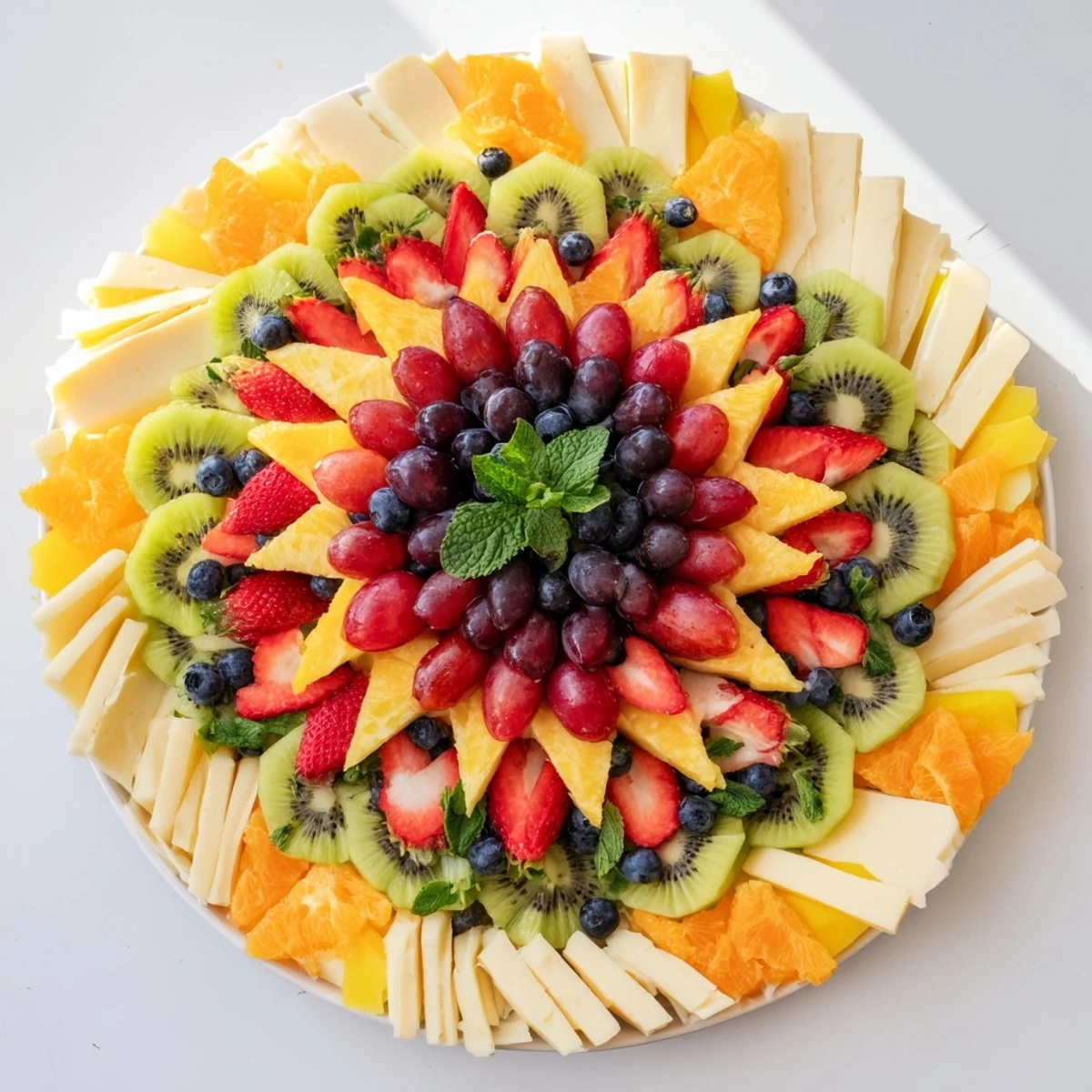 A close-up view of The Kaleidoscope Circle, presenting an array of fresh fruit and cheese arranged artistically.