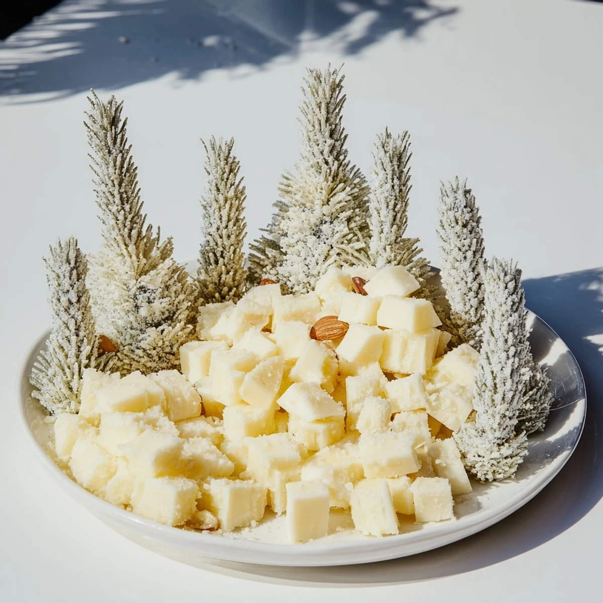 A beautifully arranged Frosted Pine cheese board with sugared rosemary "pine trees" for a festive appetizer.
