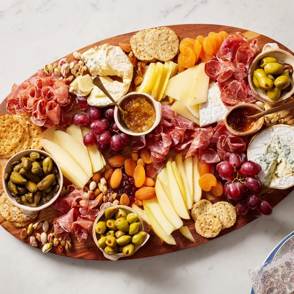 Festive Elegant Gilded Edge appetizer board with colorful fruit complements the rich cheeses, waiting to be enjoyed.