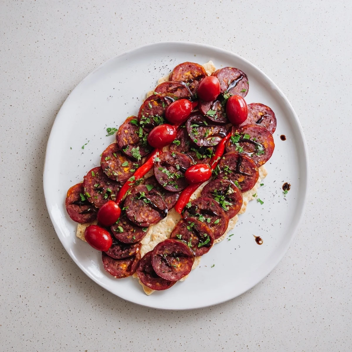 An artful presentation of The Crimson Tide: red pepper strips with spicy chorizo atop crackers.