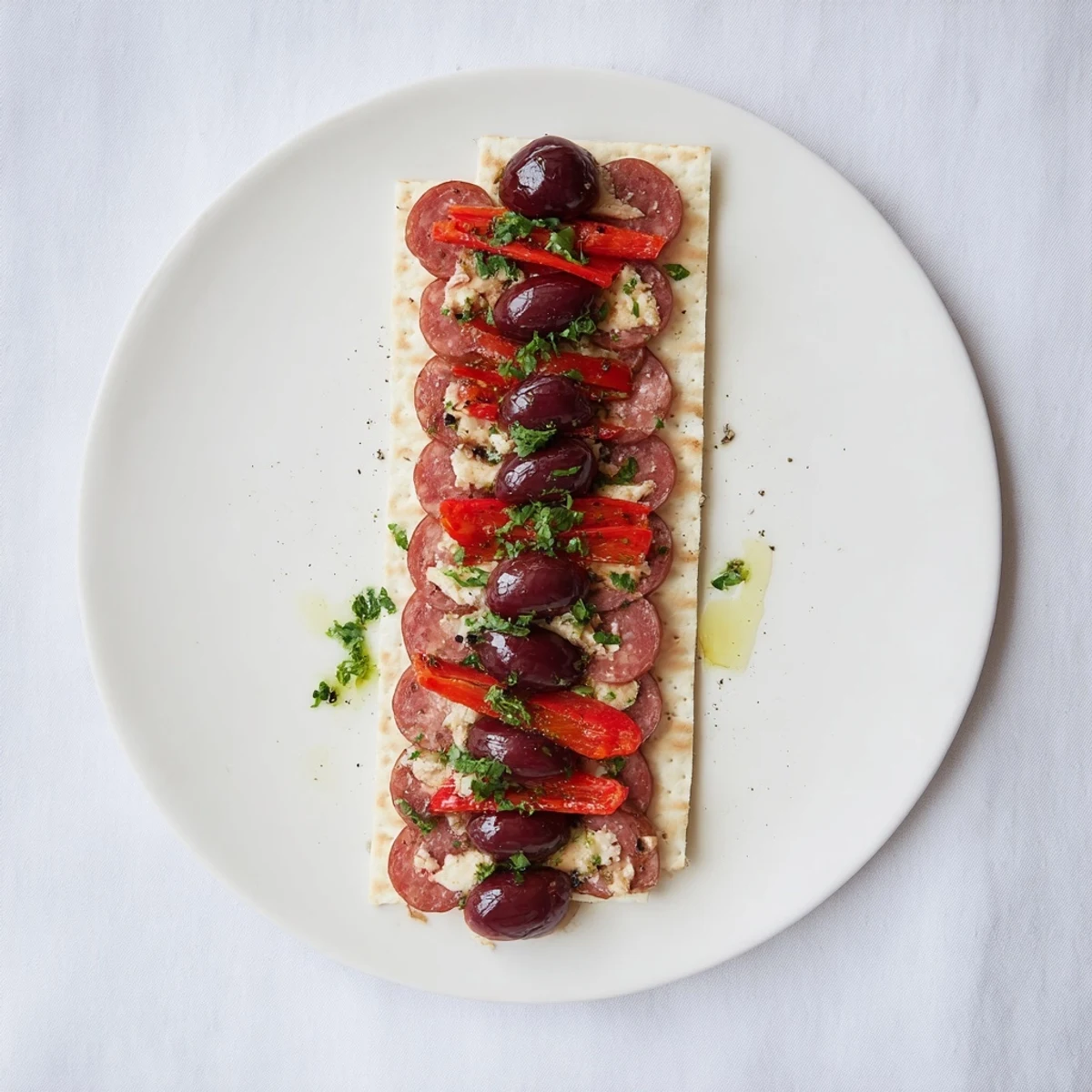 The Crimson Tide appetizer: vibrant red chorizo, cherries, and peppers on crisp white crackers.