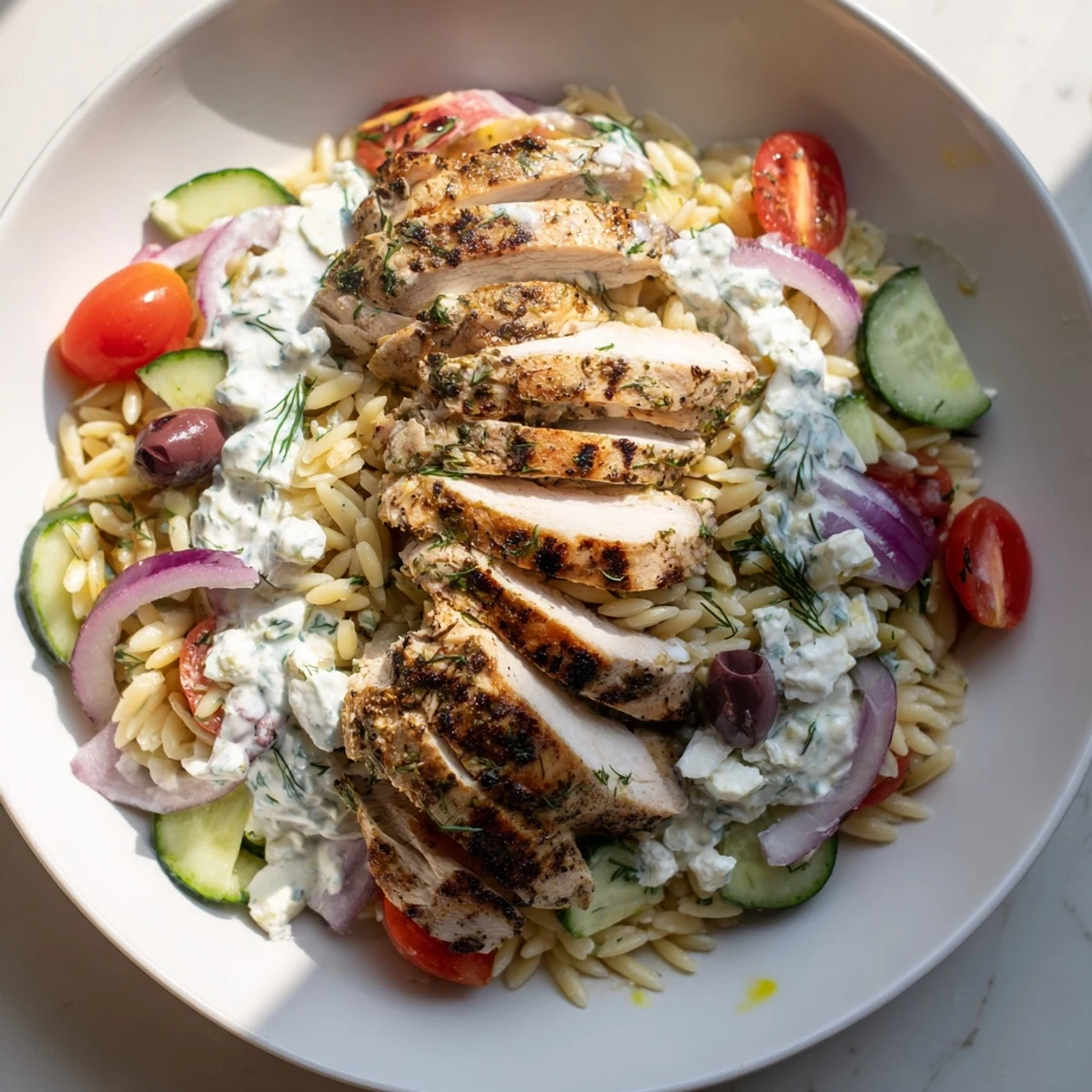 Sizzling grilled Greek Chicken Gyro Pasta Bowls, a Mediterranean feast with colorful vegetables and creamy feta.