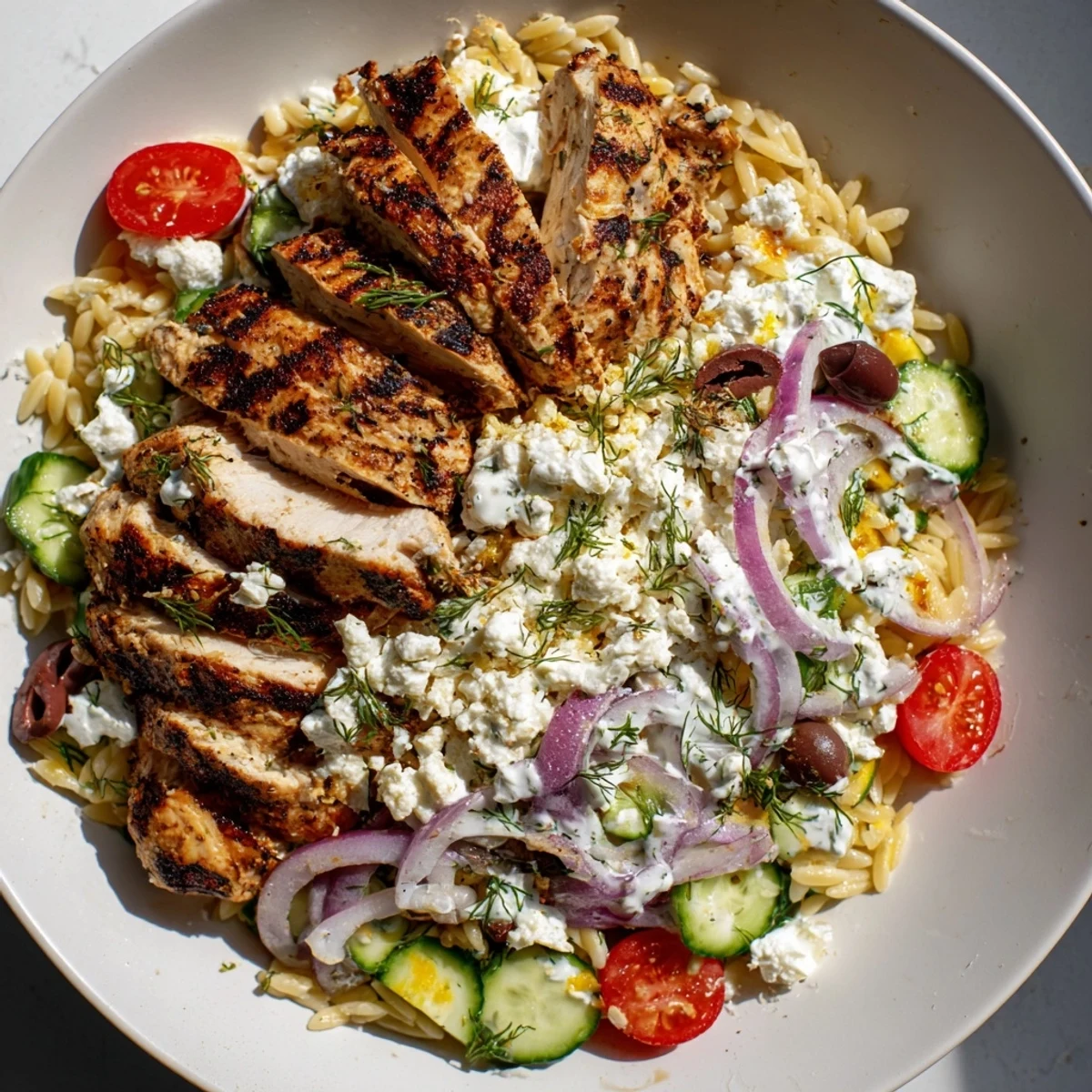 Close-up of Greek Chicken Gyro Pasta Bowls: flavorful orzo, tender chicken, and tangy yogurt dressing entice.