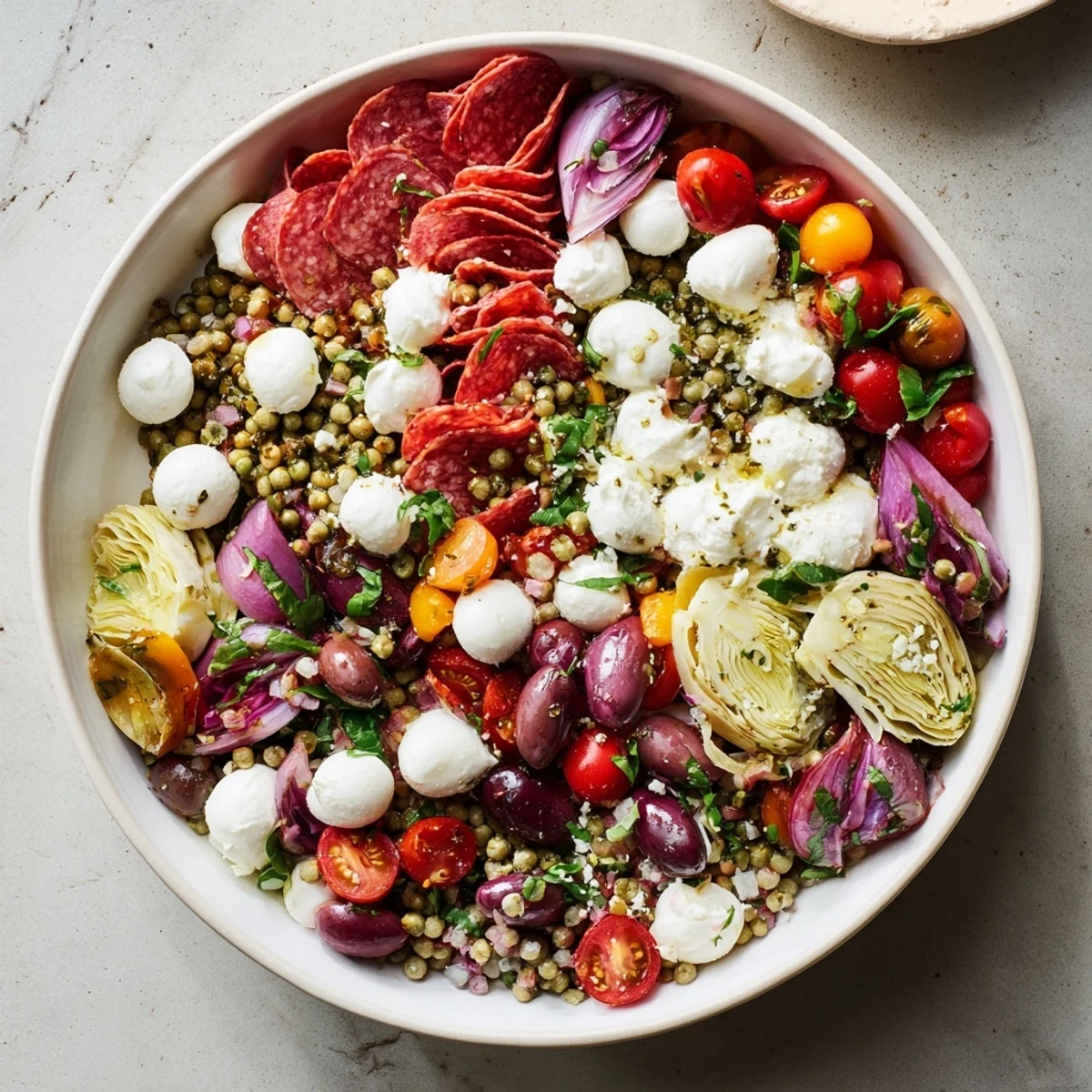 Antipasto Chickpea Salad overflowing: Vibrant, fresh, and tossed with zesty Italian vinaigrette, a delicious Mediterranean-inspired appetizer.