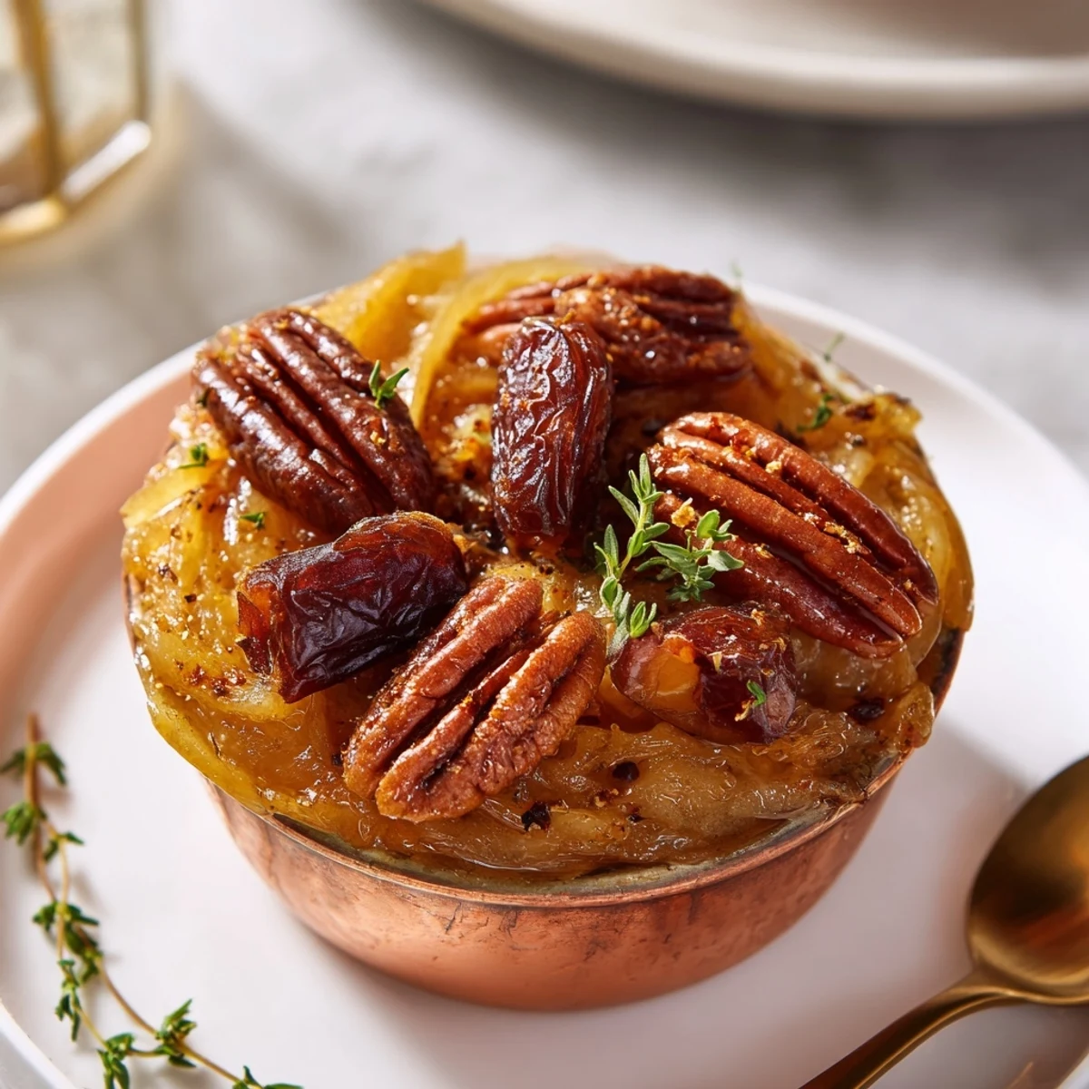 Warm-toned The Copper Kettle appetizer with caramelized onions, pecans, dates, and fresh thyme, ready to serve.
