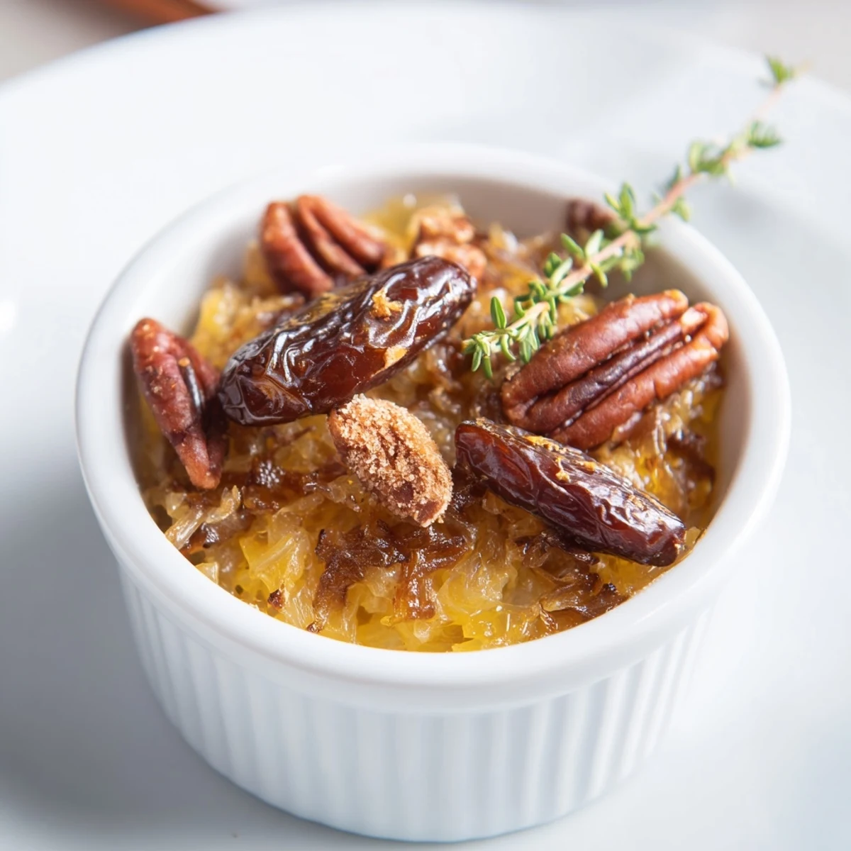 Rustic The Copper Kettle, a visually rich display: caramelized onions and nuts served in pretty copper ramekins.