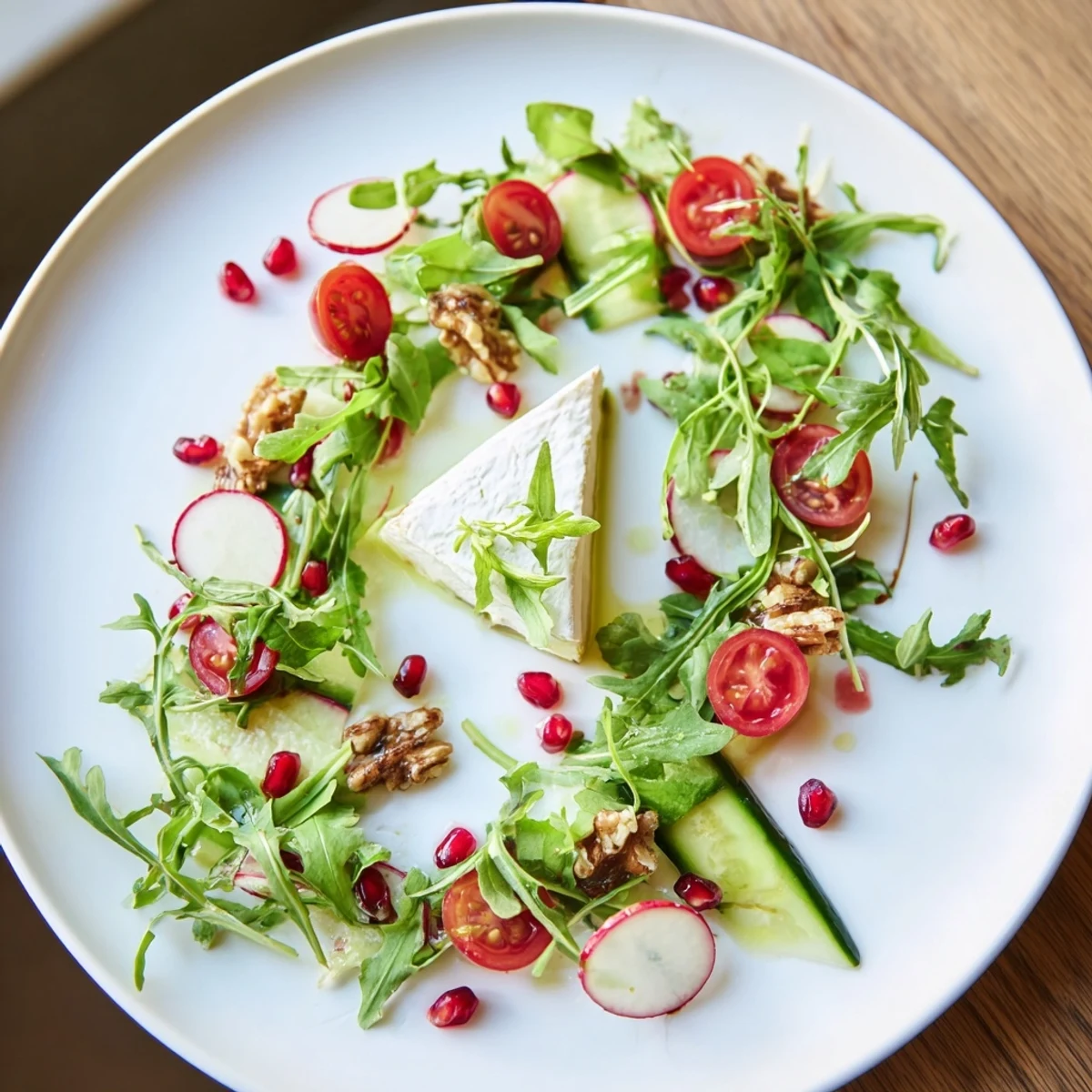 Fresh Zenith Point salad with creamy artisanal cheese at the center, ready to serve.