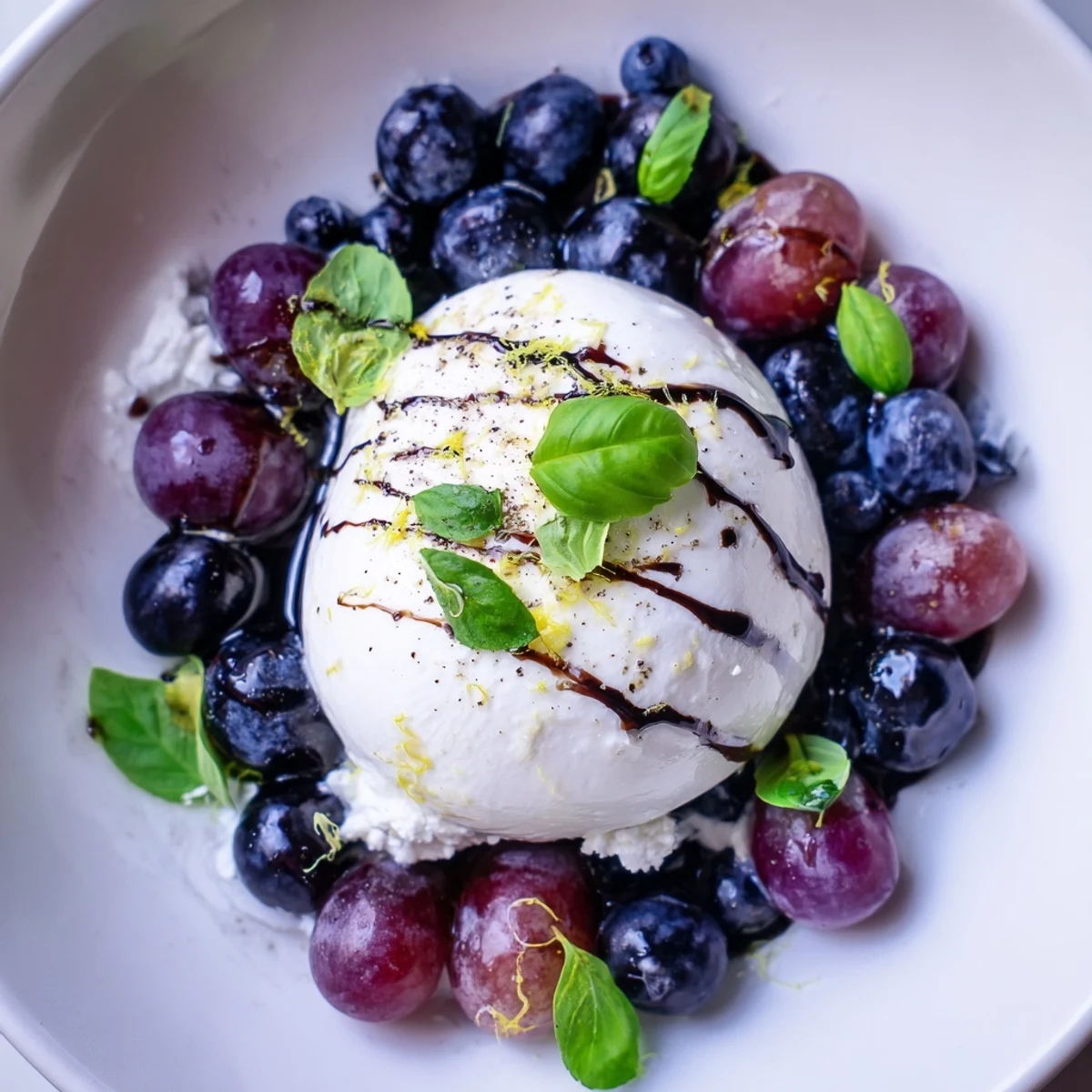 A vibrant Moonlit Lagoon salad features creamy burrata and sweet berries drizzled with balsamic glaze.