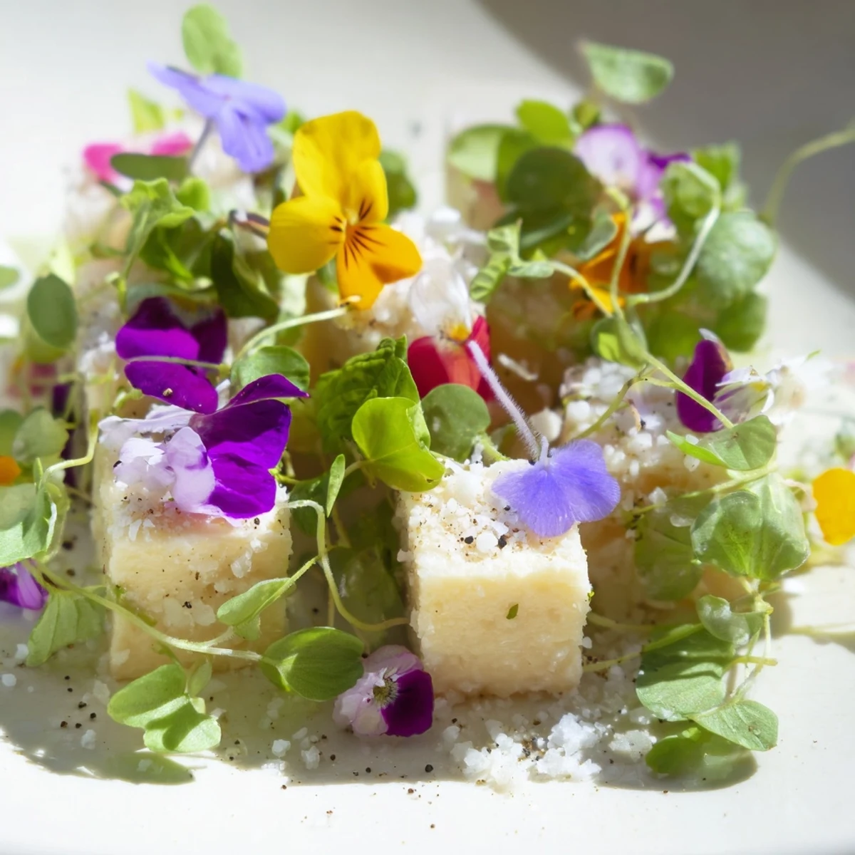 Vibrant The Secret Garden appetizer featuring hidden cheese cubes, edible flowers, and fresh microgreens ready to serve.
