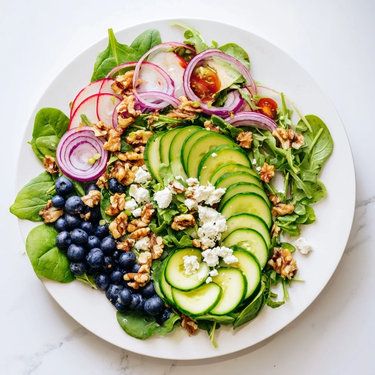 A gorgeous view of the Fibonacci Fan Salad, with textures of walnuts and feta cheese over greens.