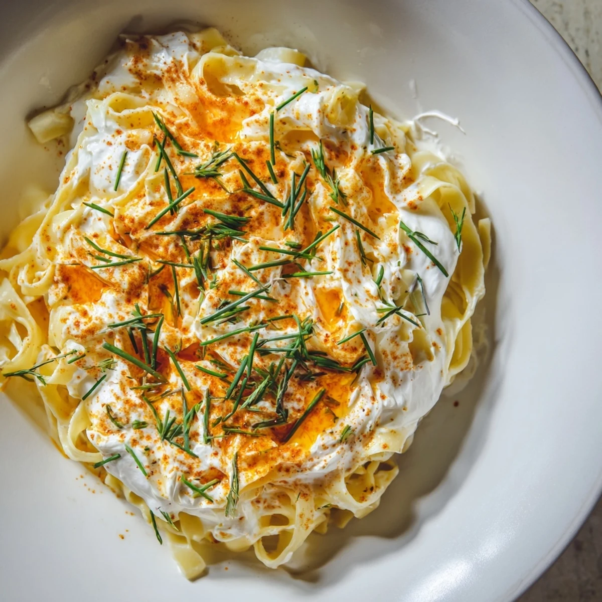 Steaming Turkish pasta with paprika butter, a vibrant swirl of noodles and spiced, red butter.