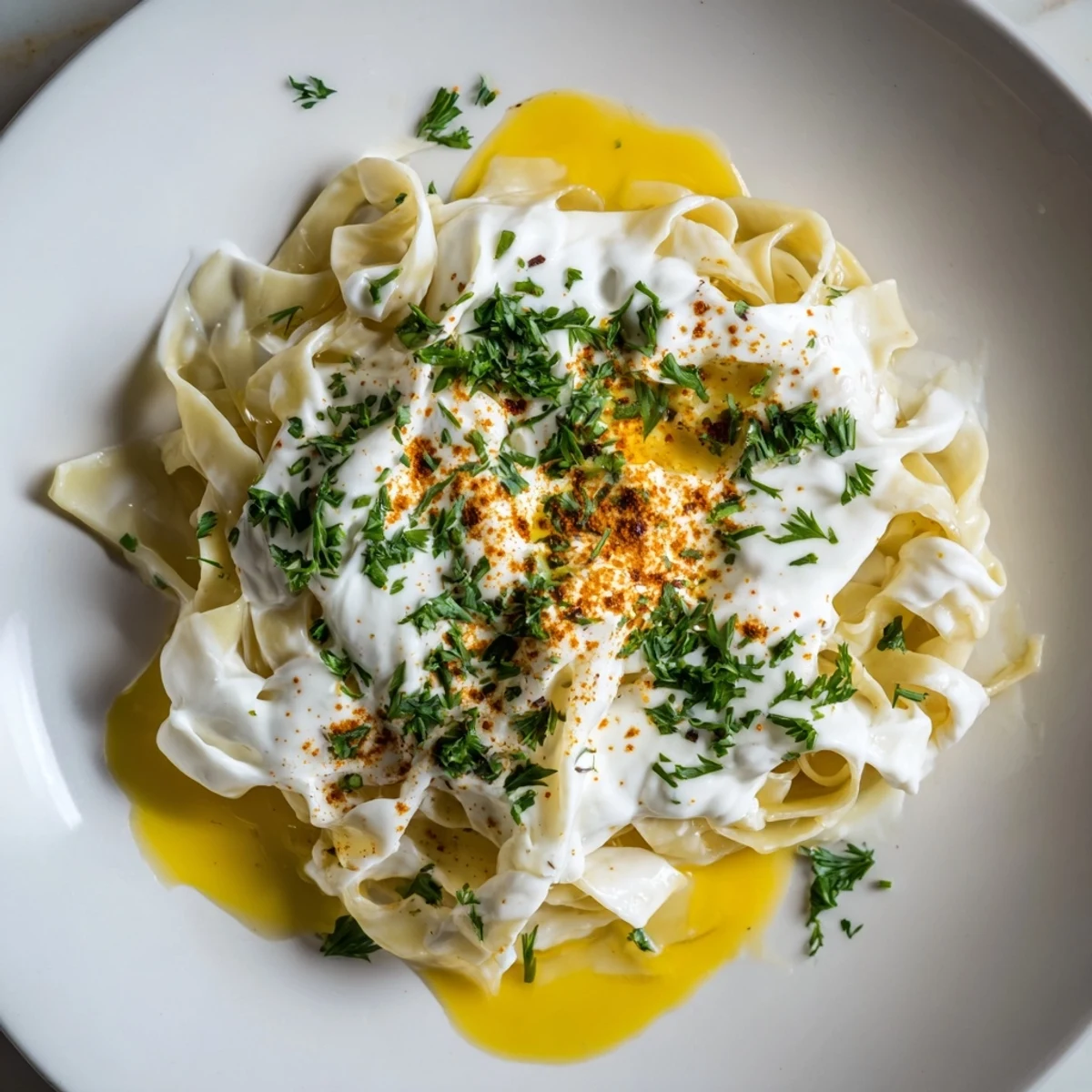 A flavorful serving of Turkish pasta with paprika butter, topped with green herbs and a swirl of yogurt.