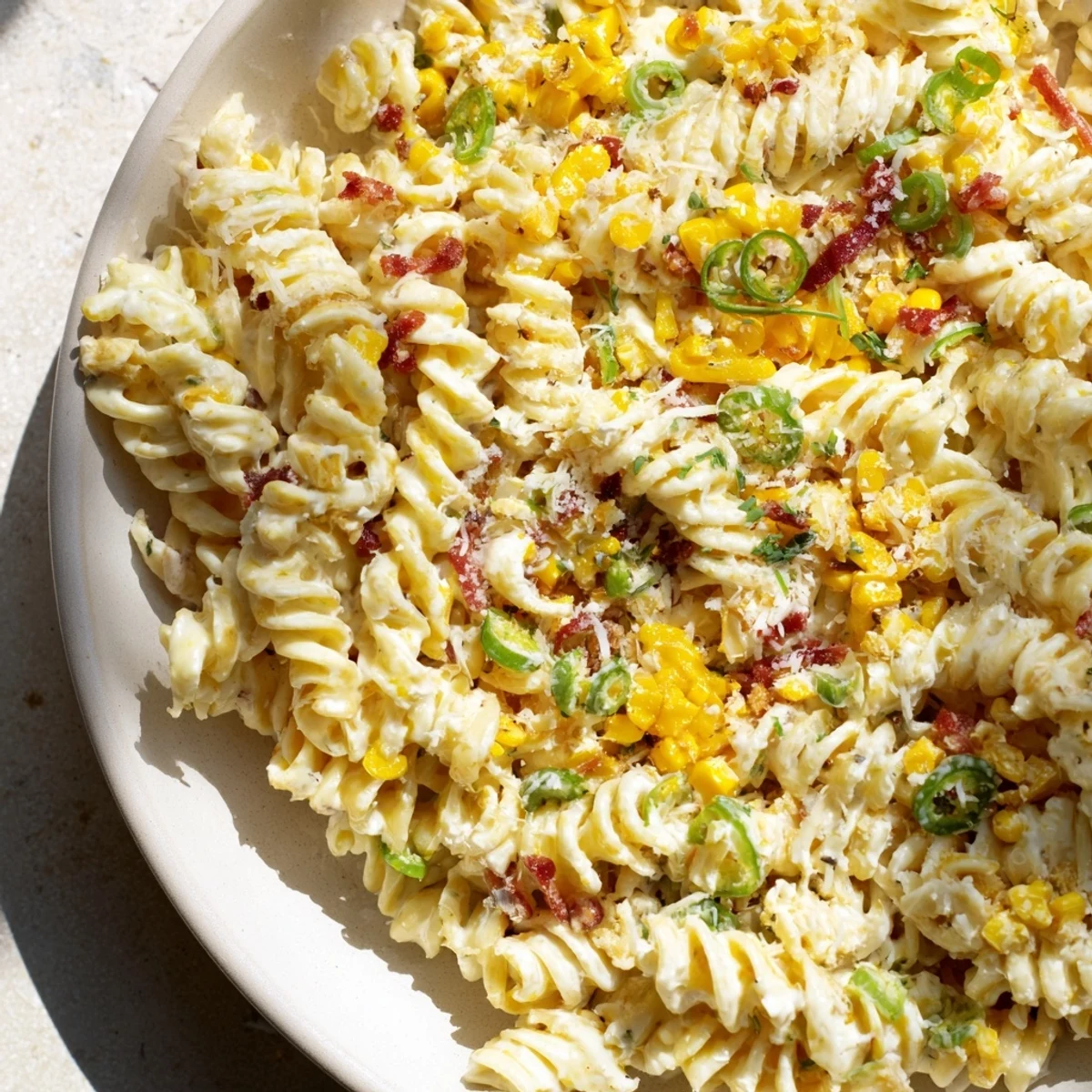 A steaming bowl of One-Pot Mexican Street Corn Pasta, showcasing colorful veggies and crumbled cotija cheese.