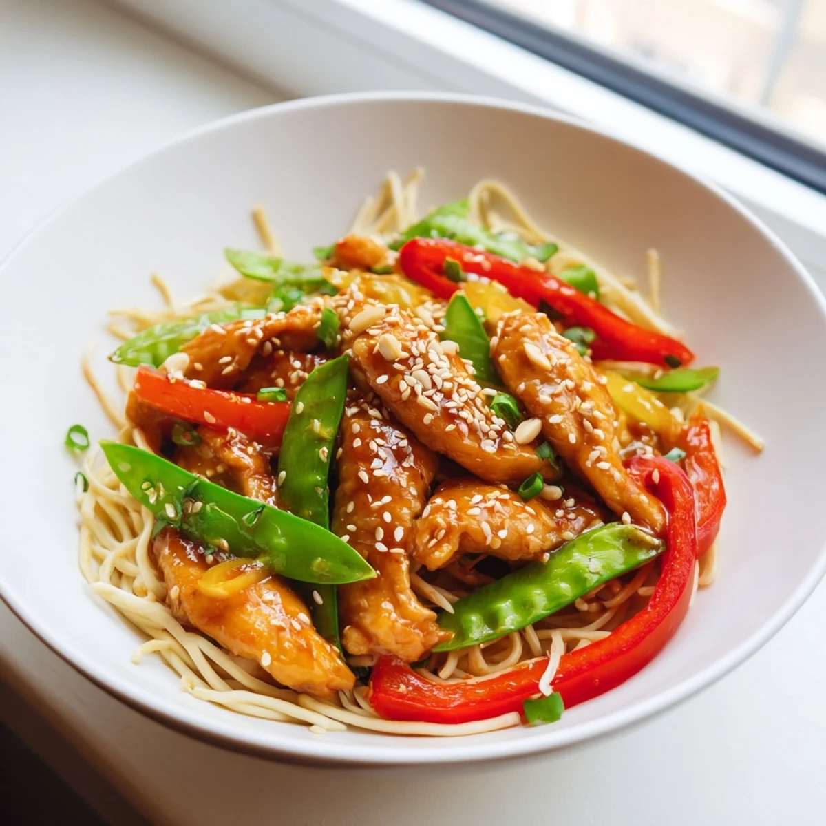 Tender Mongolian Chicken dish with rice noodles in a glossy, savory sauce and colorful bell peppers.