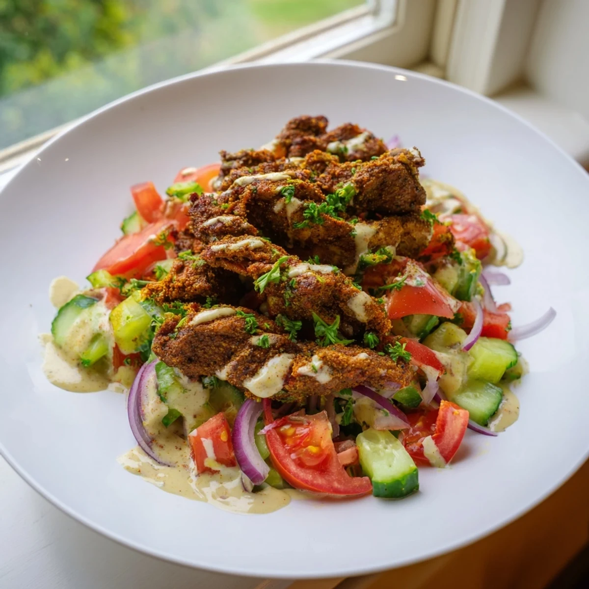 Vibrant image of chicken shawarma salad showcasing tender spiced chicken and a light tahini drizzle.
