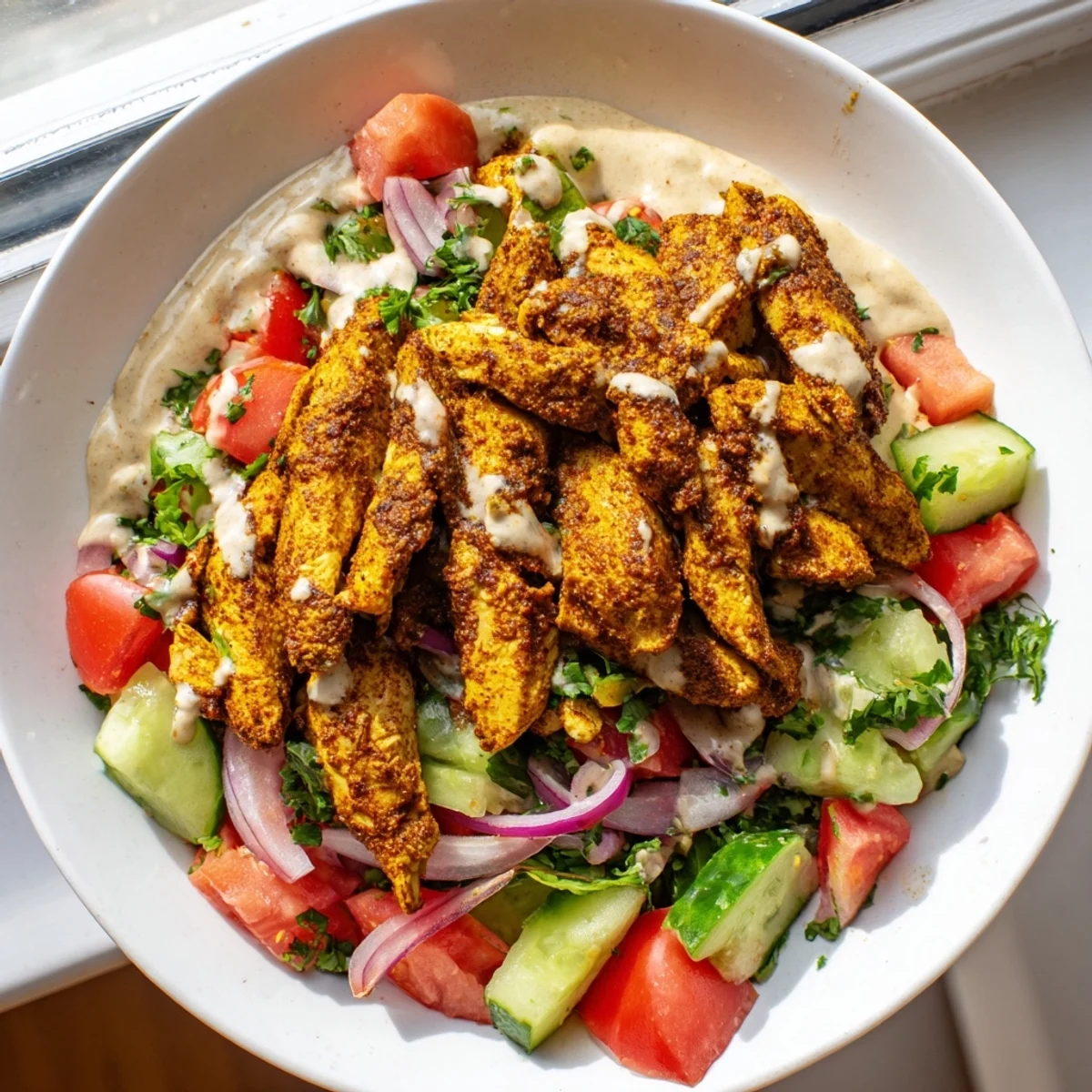 Juicy chicken shawarma salad glistening with creamy tahini dressing over fresh colorful vegetables.