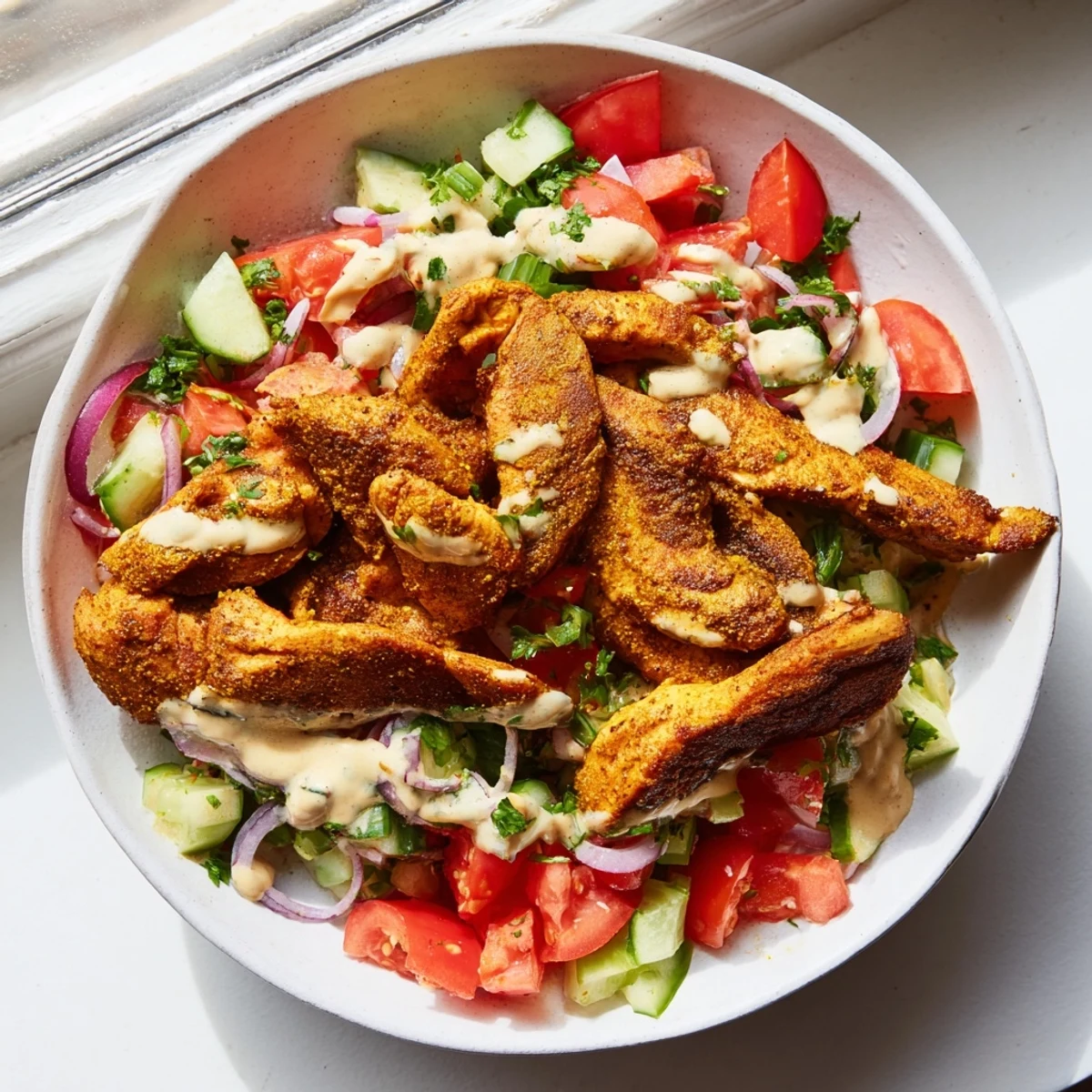 Fresh ingredients: a flavorful chicken shawarma salad, bursting with Middle Eastern inspired tastes and textures.