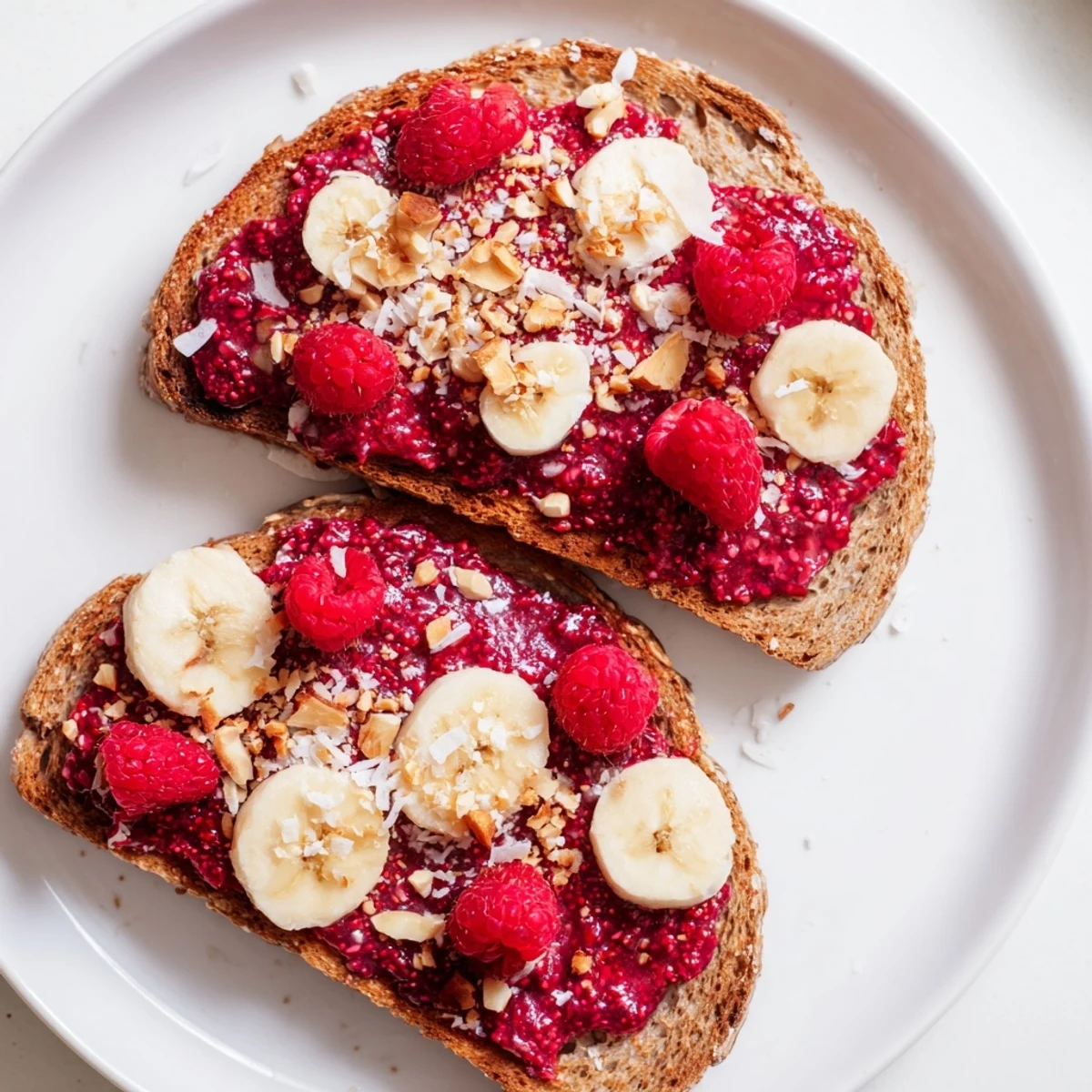 Vibrant raspberry chia jam toast glistening with fresh berries, a deliciously healthy breakfast option.