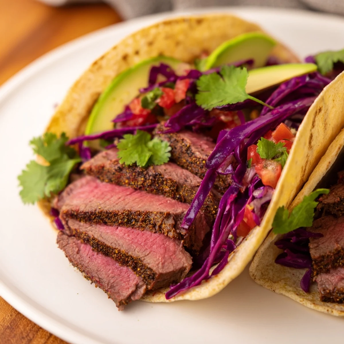 Coffee-Rubbed Steak Tacos, sliced steak glistening with spice, served on warm tortillas, ready to savor.