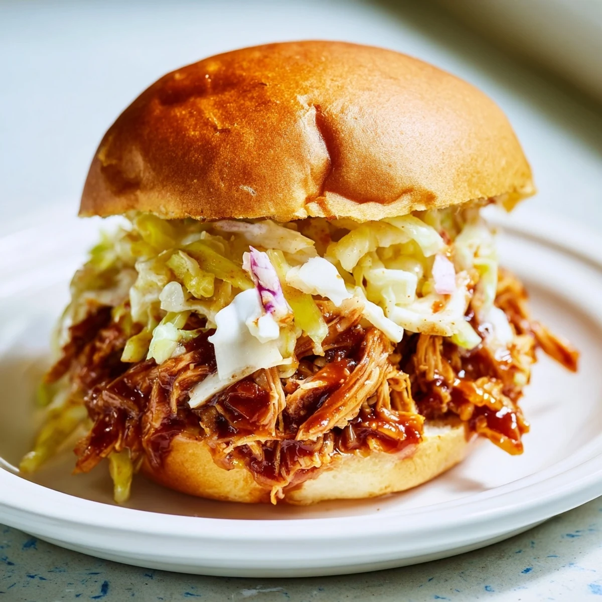 Close-up of a flavorful BBQ jackfruit slider, a vegan pulled pork sandwich piled high with slaw.