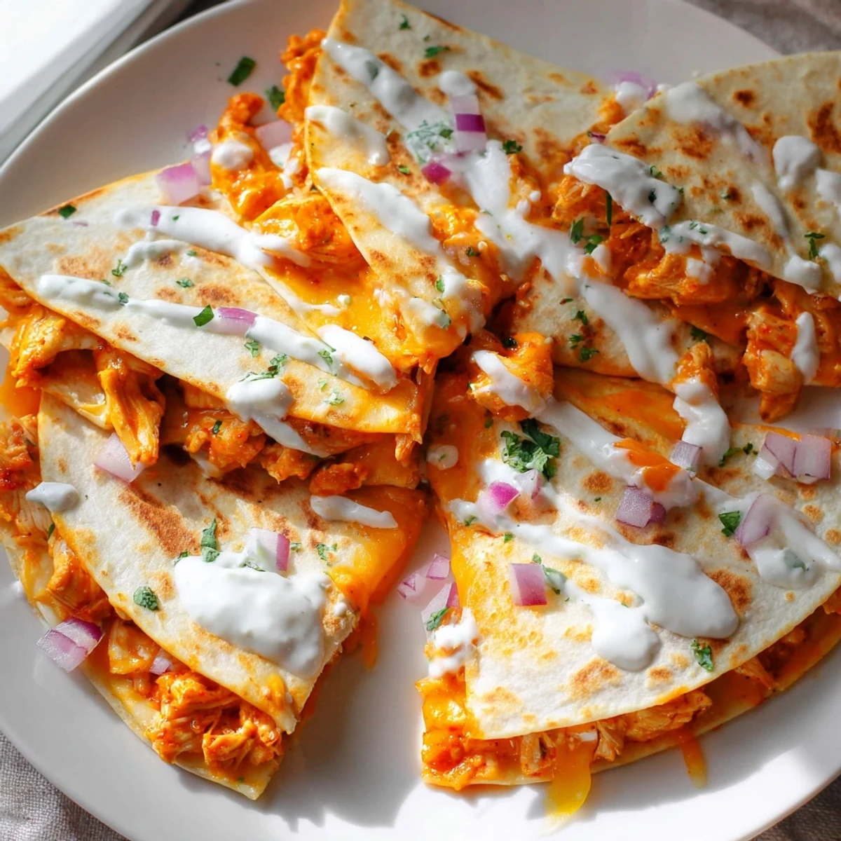 Golden brown Buffalo Chicken Quesadilla with melted cheese, ready to be sliced and enjoyed.