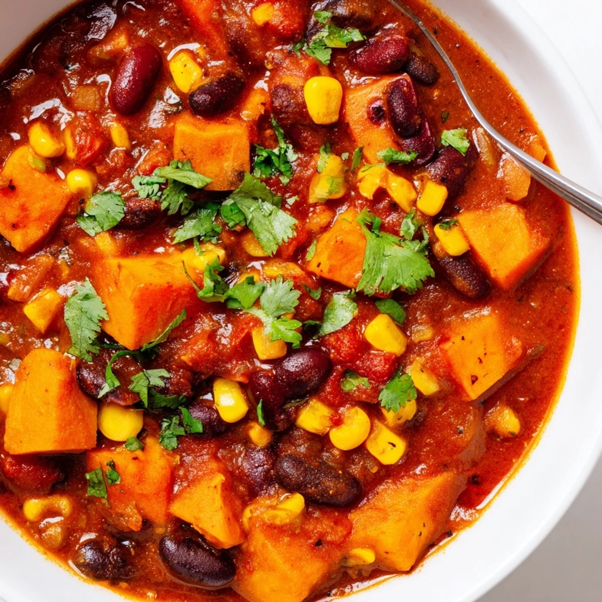 Steaming bowl of Smoky Sweet Potato Chili with rich, reddish hue, filled with vegetables and beans.