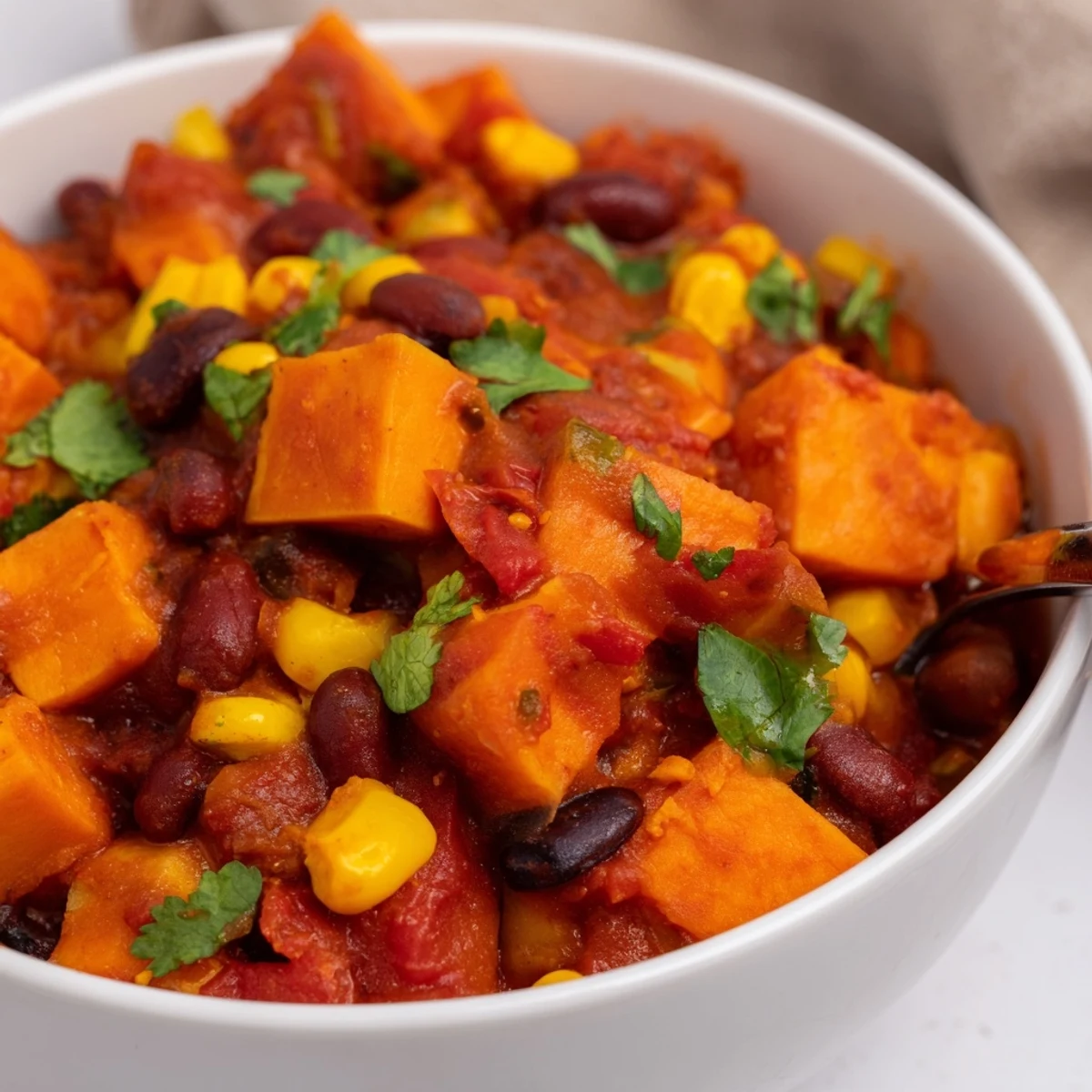 Hearty and flavorful Smoky Sweet Potato Chili, perfect for a warming and comforting dinner on a chilly evening.
