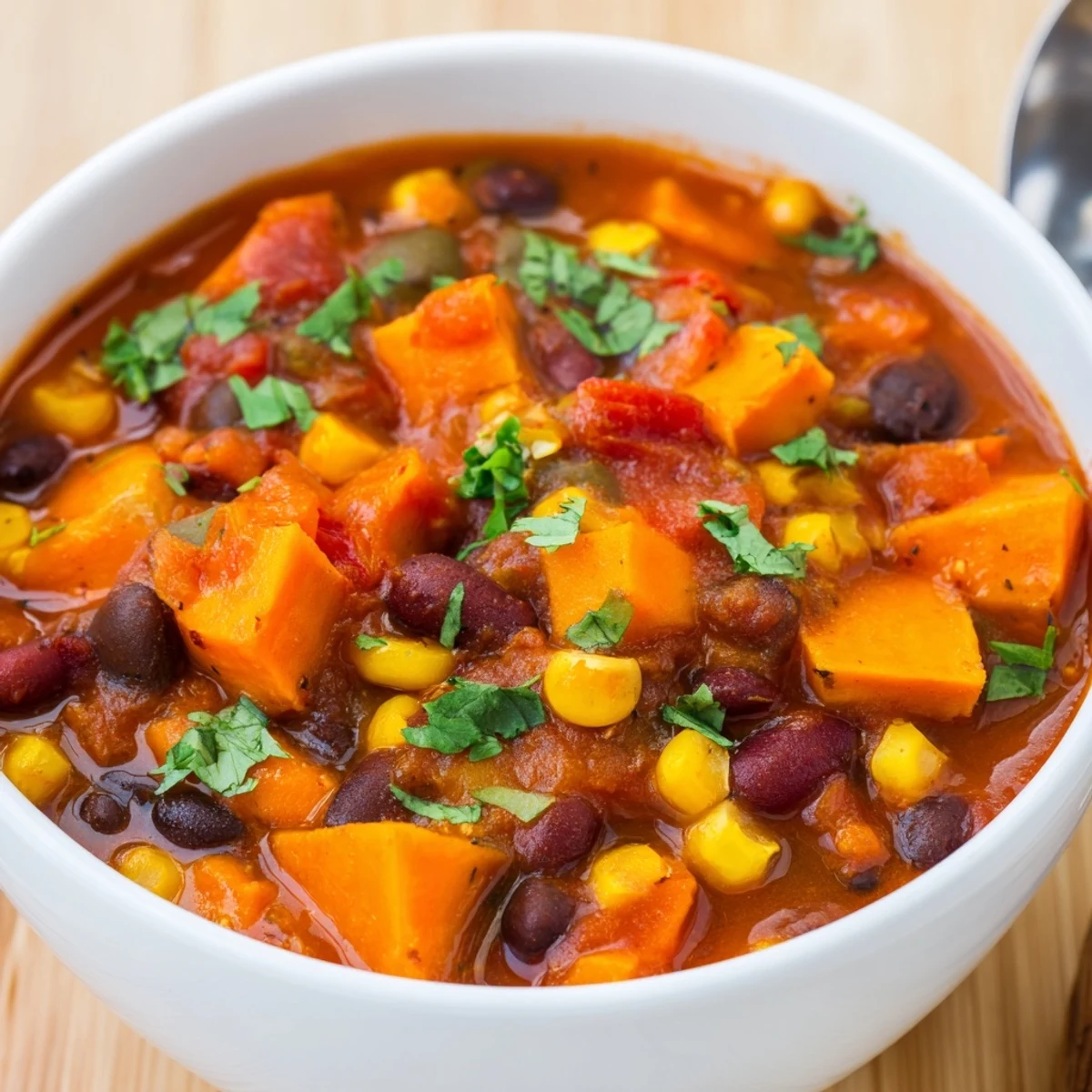 A close-up view of a vibrant Smoky Sweet Potato Chili, showcasing texture and topped with fresh cilantro.