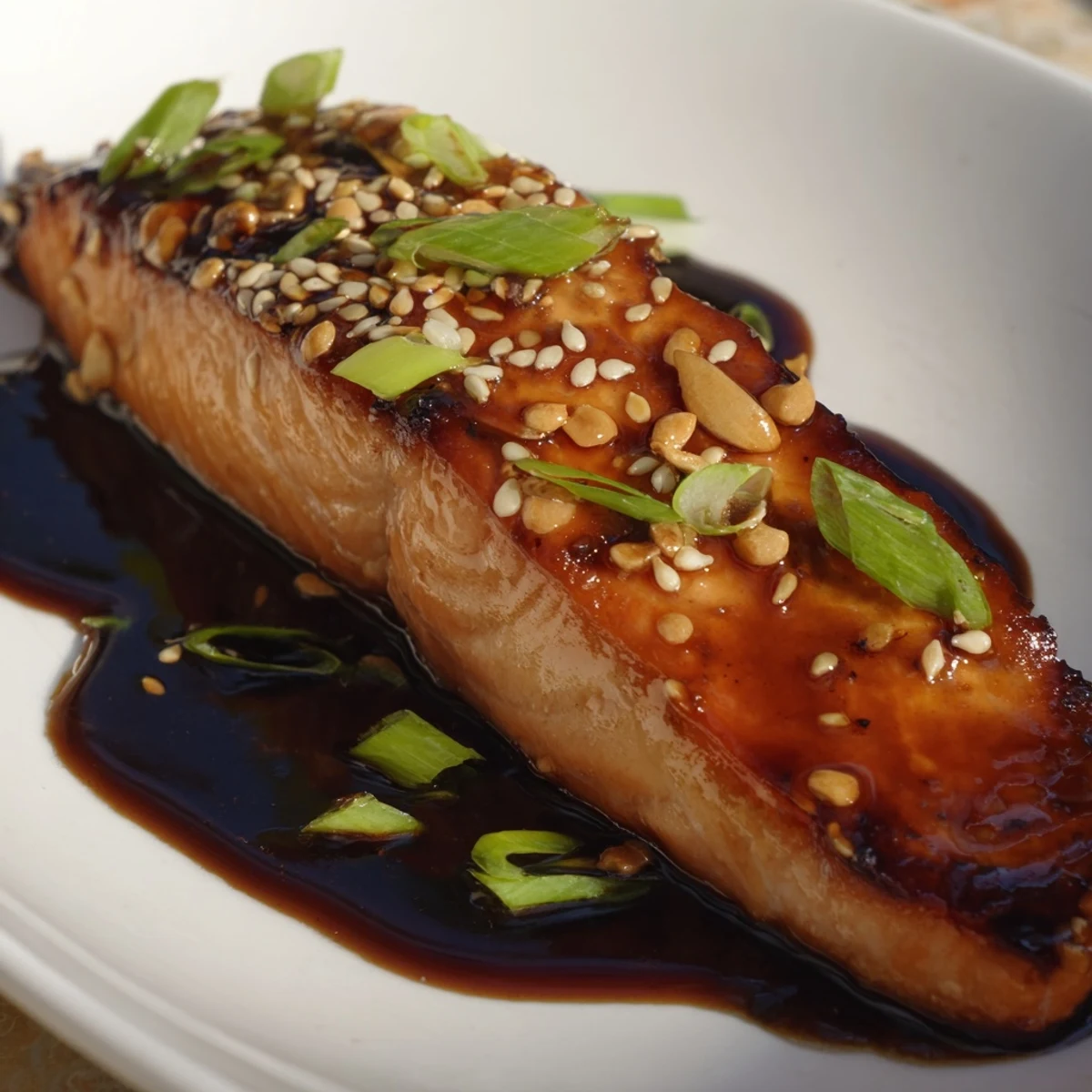 Golden ginger-soy glazed salmon glistens, ready to serve with a drizzle of the flavorful sauce and garnish.