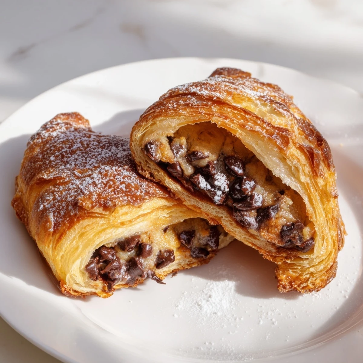 Flaky cookie croissant, buttery layers bursting with warm chocolate chip cookie dough filling.