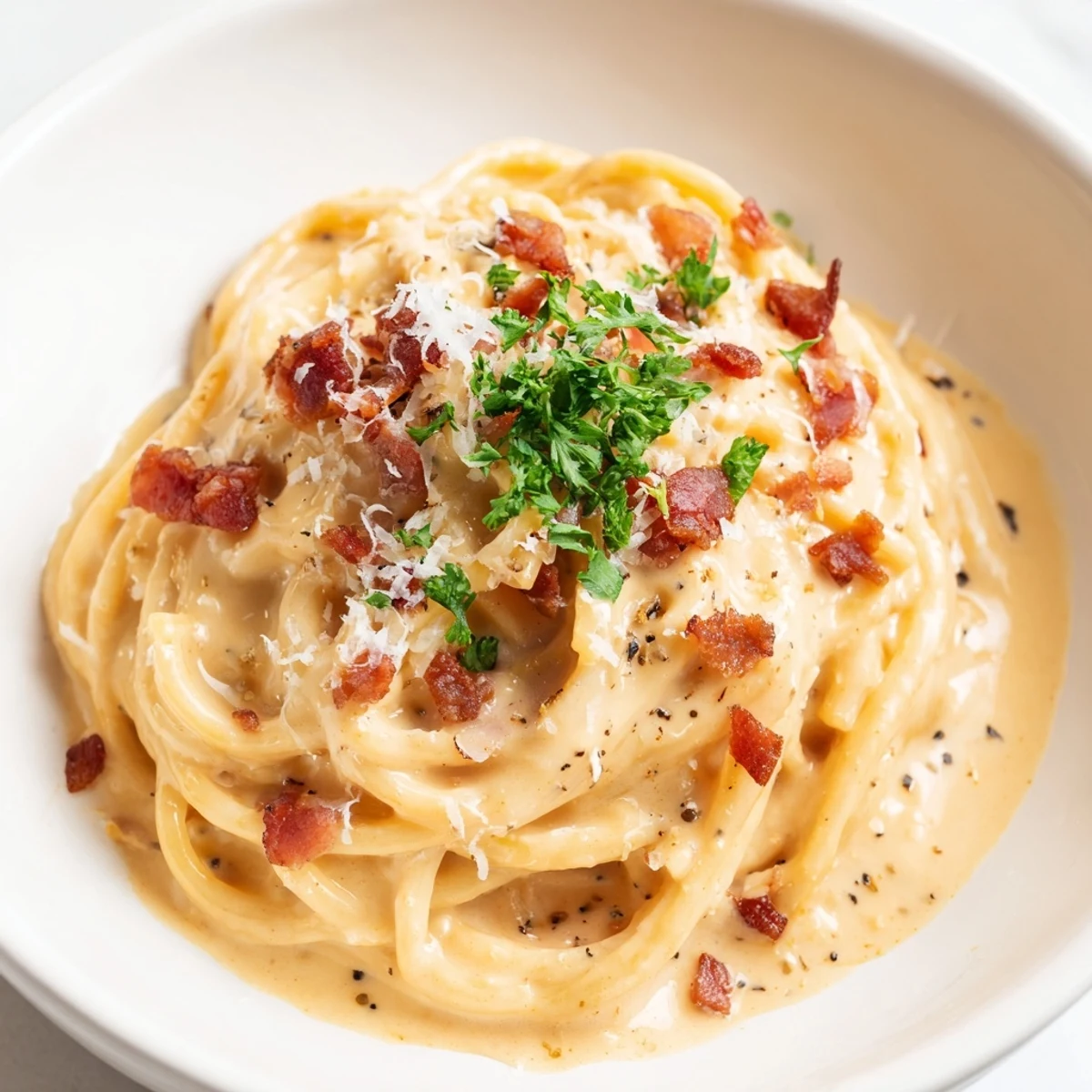 Ramen Carbonara Hack: a steaming bowl of creamy, cheesy fusion pasta topped with fresh parsley.