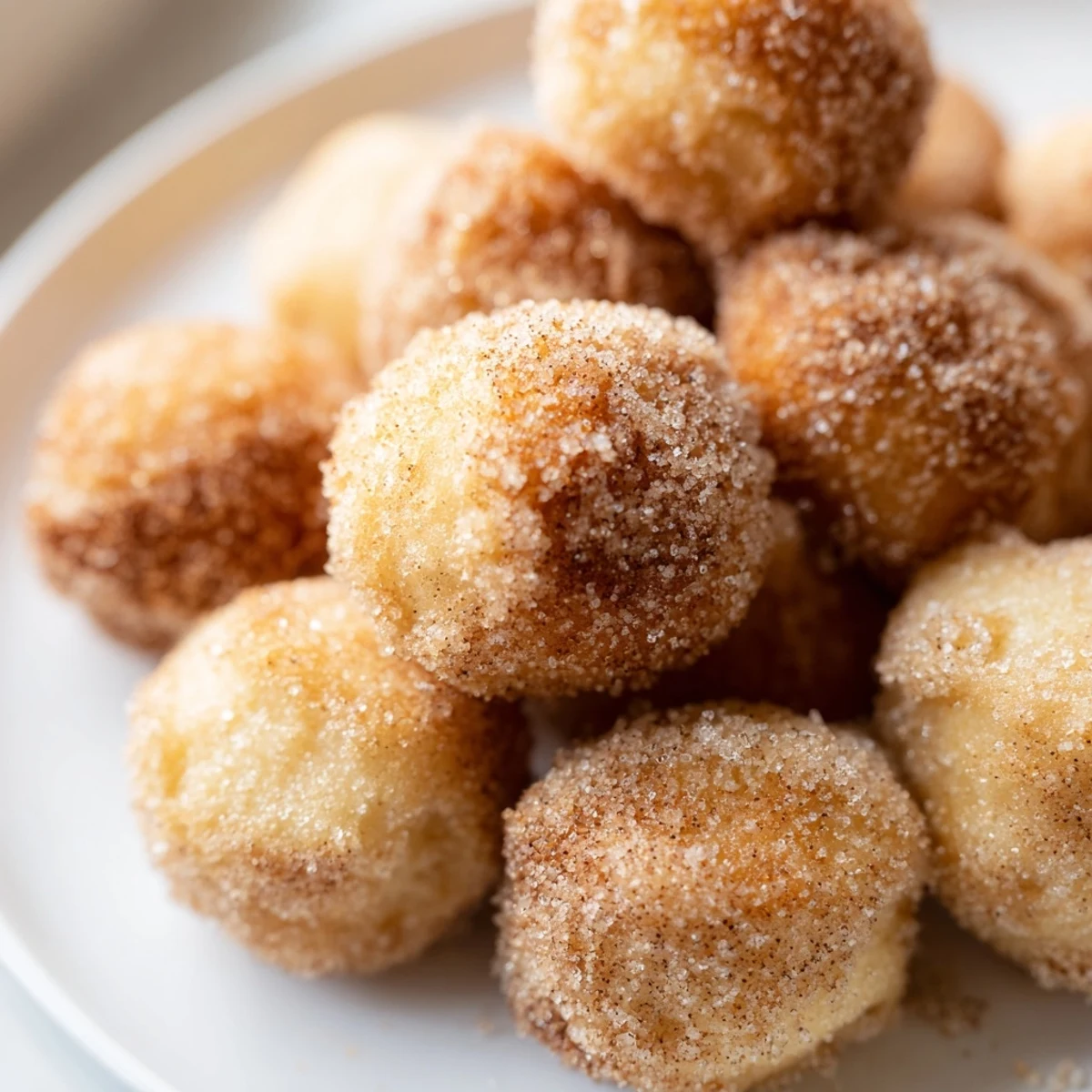 Golden-brown air fryer cinnamon donuts, fresh from the basket, coated in sweet cinnamon sugar.
