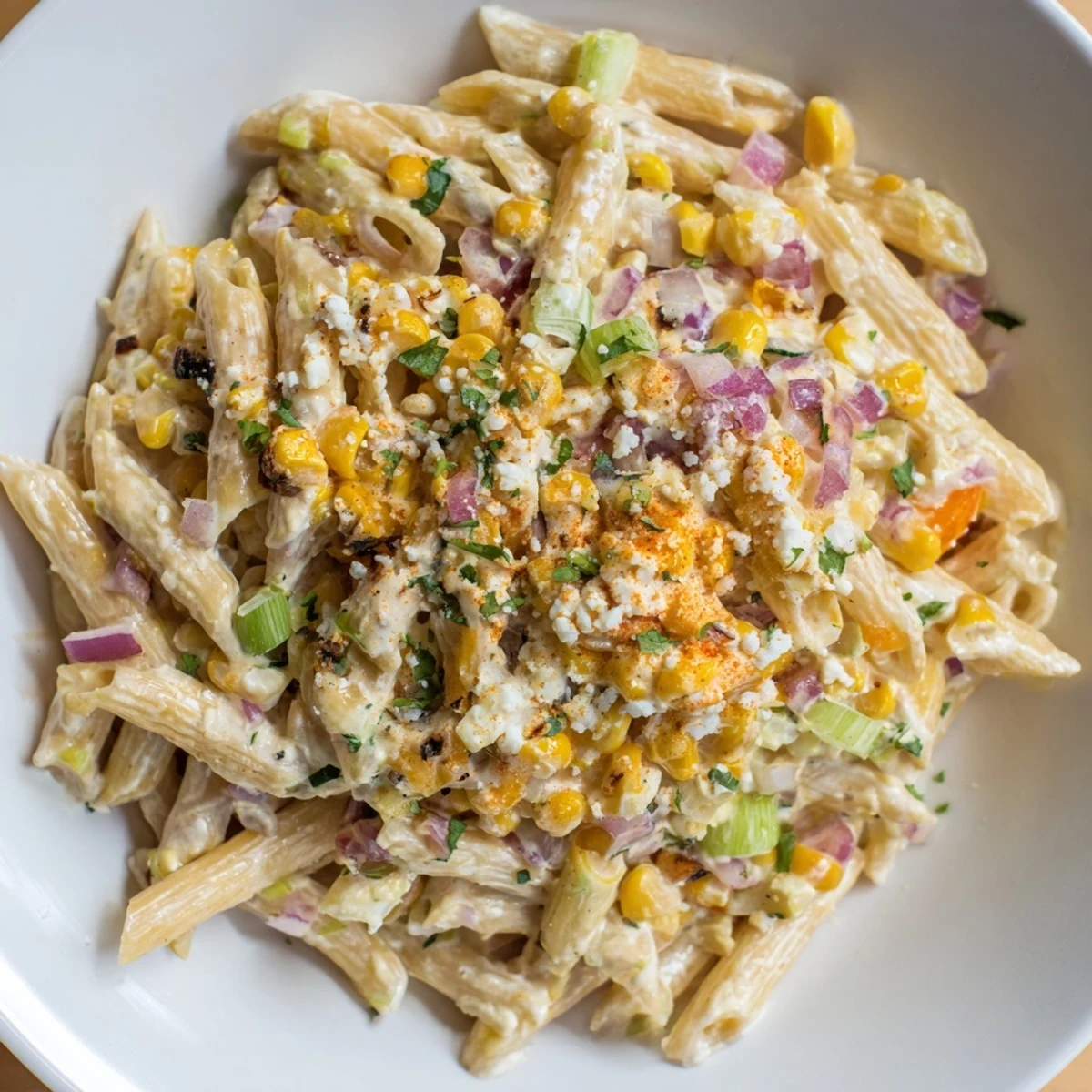 Freshly made Mexican street corn pasta with charred corn, ready for a delicious bite.