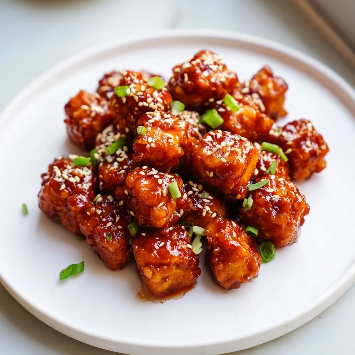 Golden-brown Honey Gochujang Tofu glistening with a sweet and spicy sauce, ready to eat.