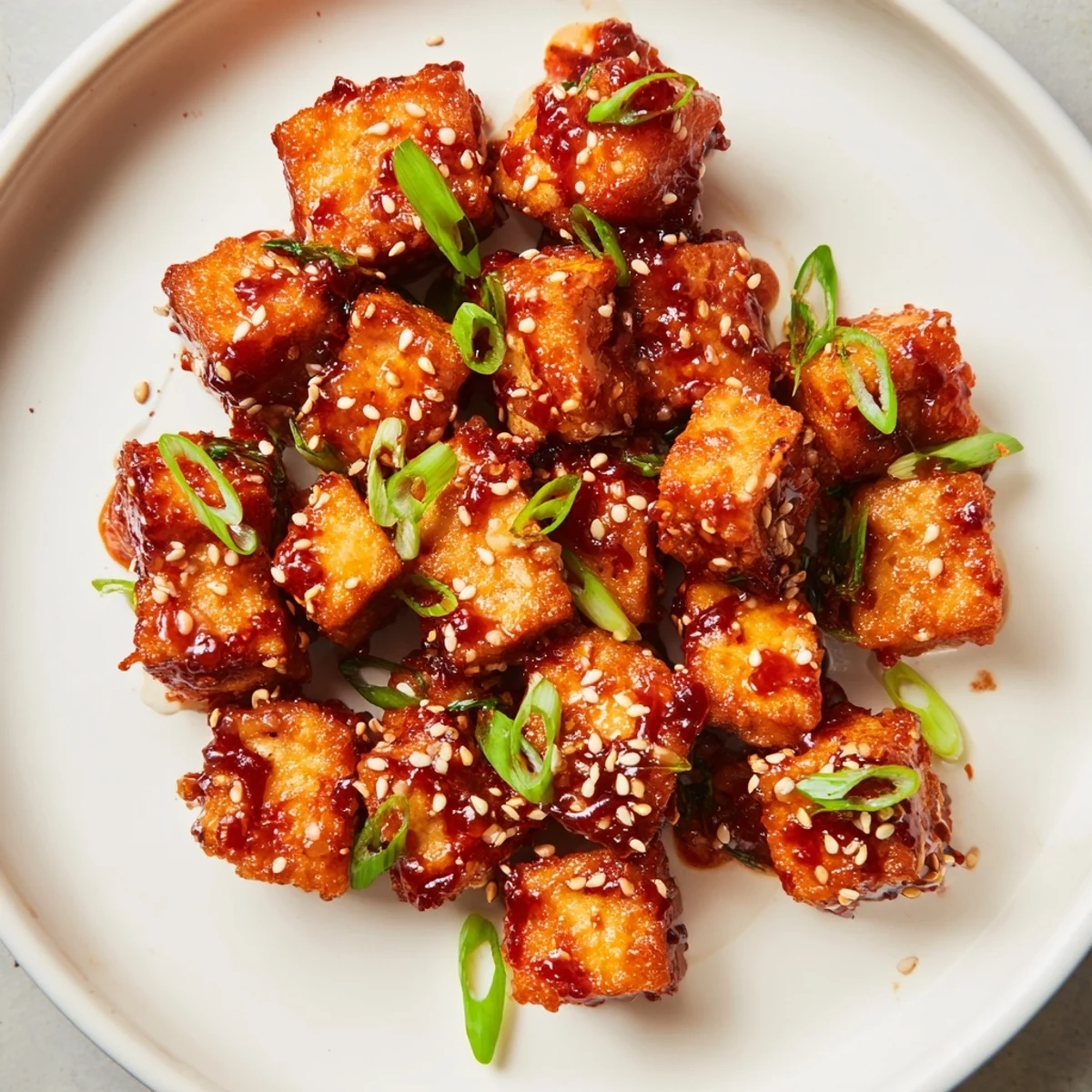 Crispy Honey Gochujang Tofu, tossed in a flavorful glaze and topped with sesame seeds and green onions.