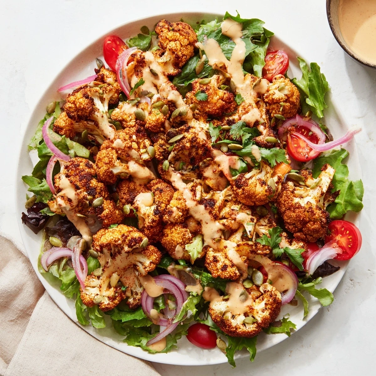 Golden brown Crispy Cauliflower Salad florets sit atop fresh greens, ready to be drizzled with tahini sauce.