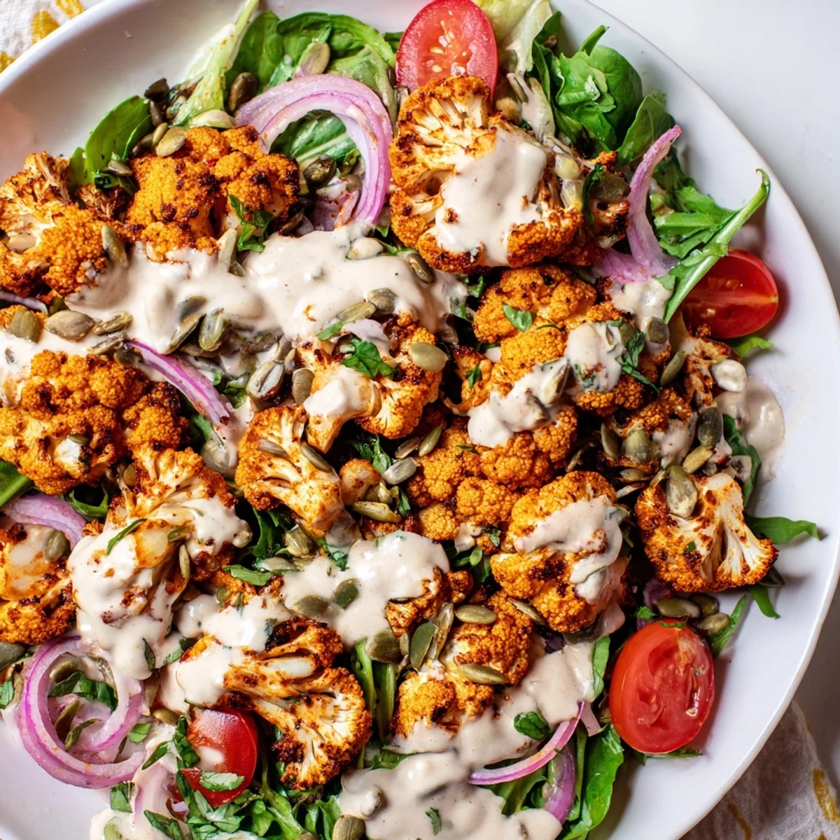 Vibrant Crispy Cauliflower Salad with creamy tahini dressing, showcasing colorful tomatoes and red onion slices.