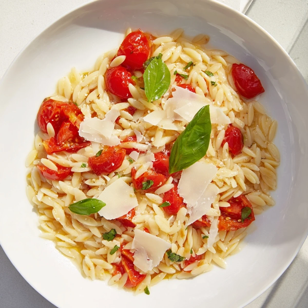 Close-up view of a steaming bowl of Orzo Tomato Parmesan, the perfect vegetarian pasta.