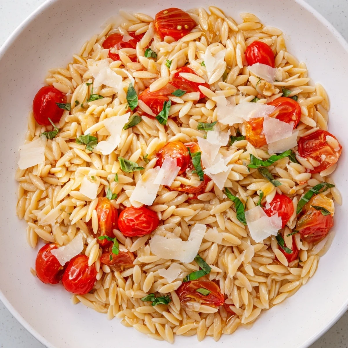 Savory Orzo Tomato Parmesan dish, topped with Parmesan cheese, ready for a flavorful meal.