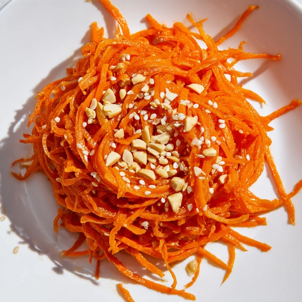 Vibrant Spicy Carrot Salad with sesame seeds, ready to serve as a refreshing, delicious starter.