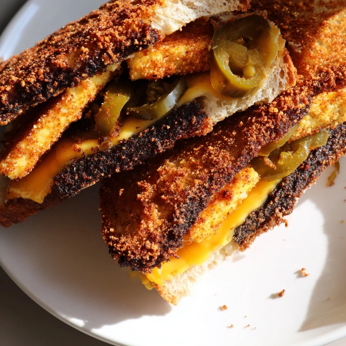 Golden, crispy Spicy Crispy Tofu Grilled Cheese with melted vegan cheese, perfect for a satisfying vegan meal.