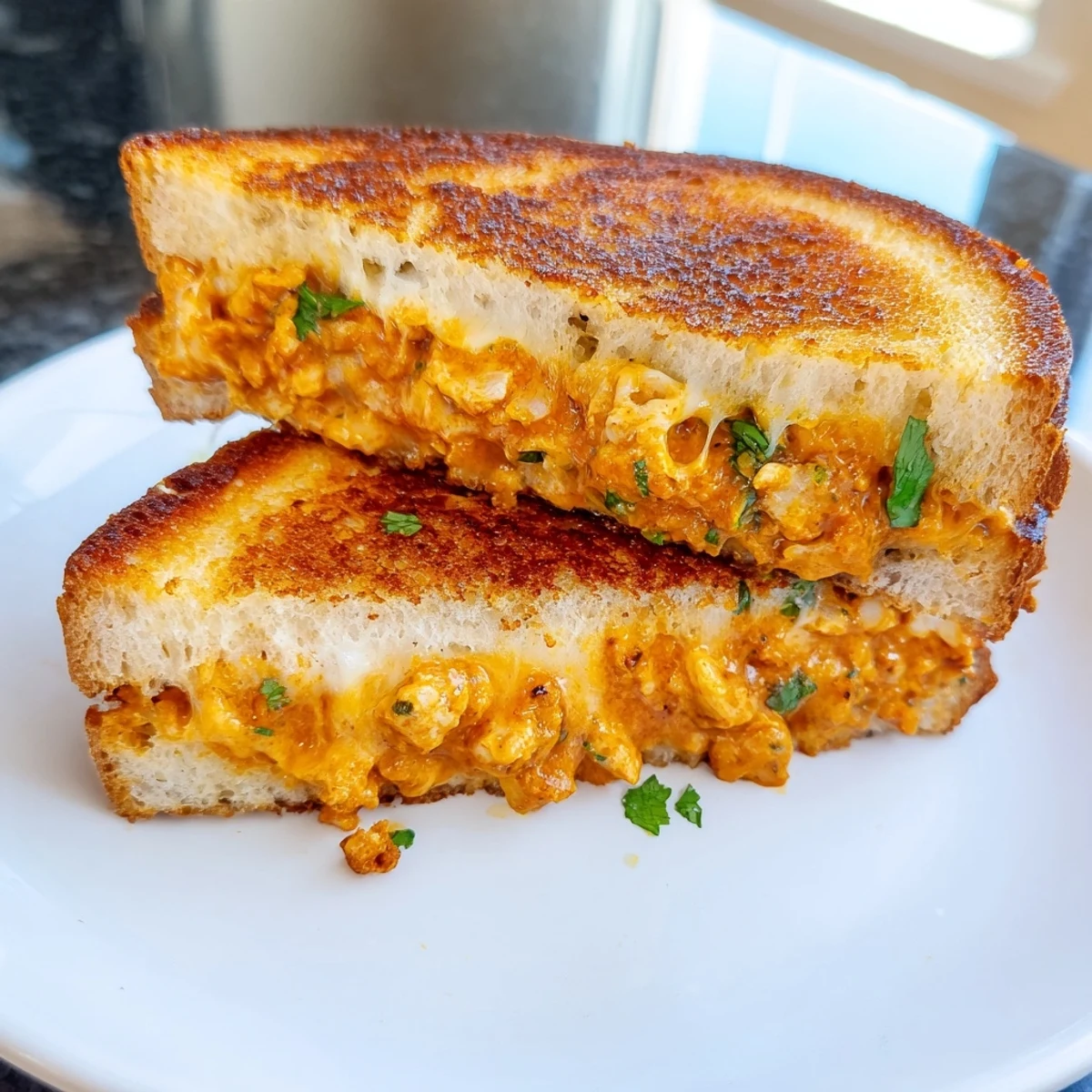 Golden, cheesy Savory Butter Chicken Grilled Cheese with warm, spiced butter chicken filling, a truly delicious sight.