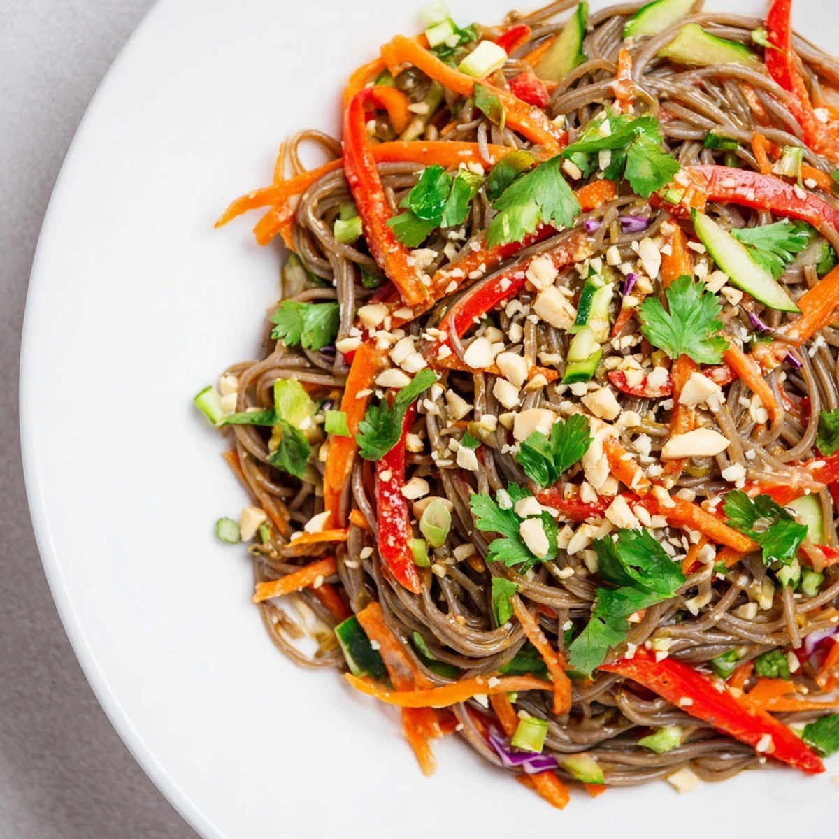 Vibrant cold noodle salad with sesame-ginger dressing, showcasing colorful vegetables, ready to eat.