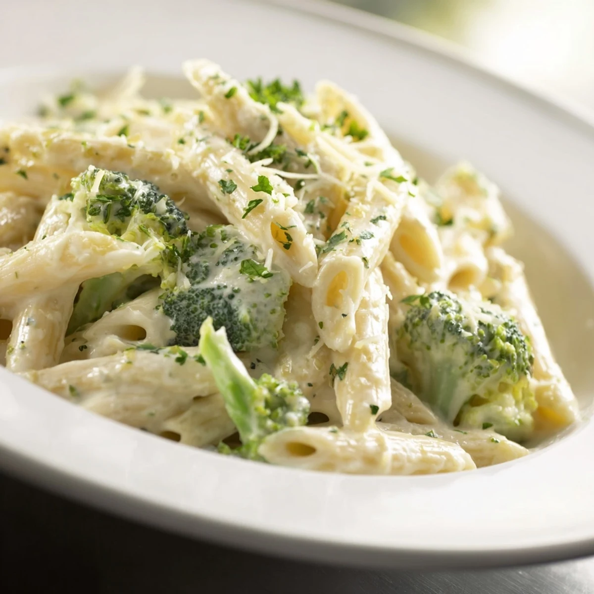 Steaming Cream Cheese Garlic Pasta with broccoli, a comforting Italian-American pasta dinner, ready to serve.