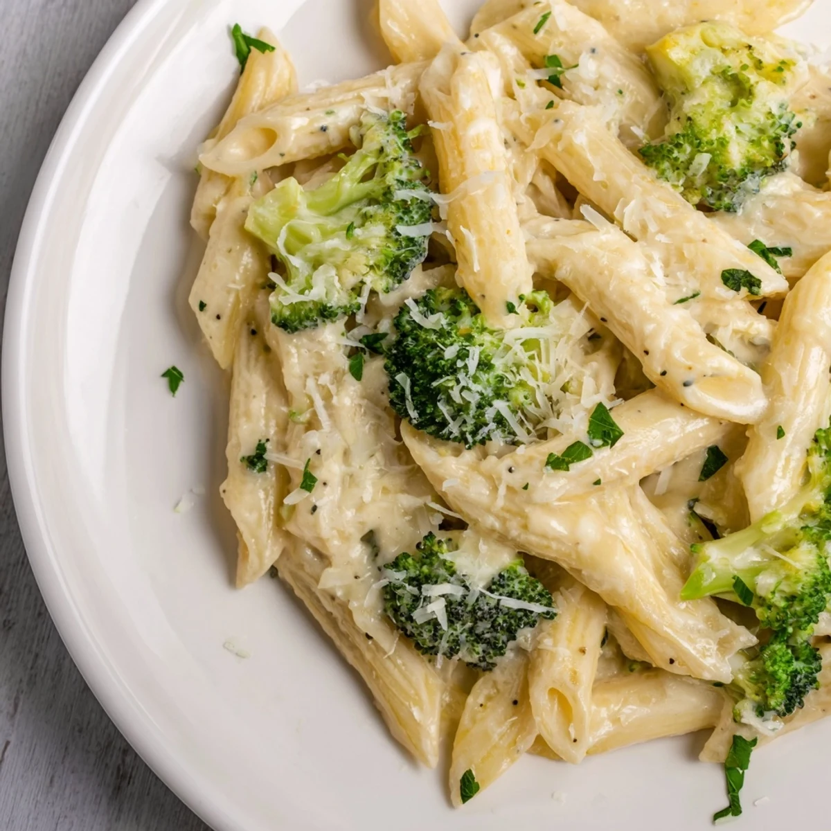 Freshly plated Cream Cheese Garlic Pasta: creamy white sauce coating penne pasta, garnished with parsley and cheese.